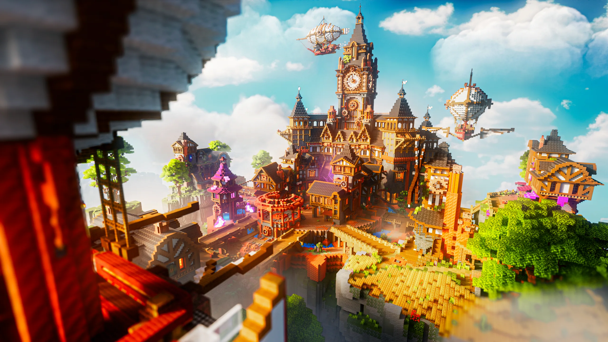 Minecraft fantasy city with a tall clock tower, warm orange roofs, and glowing purple accents, set on terraced cliffs above a bridge and trees under a bright blue sky.