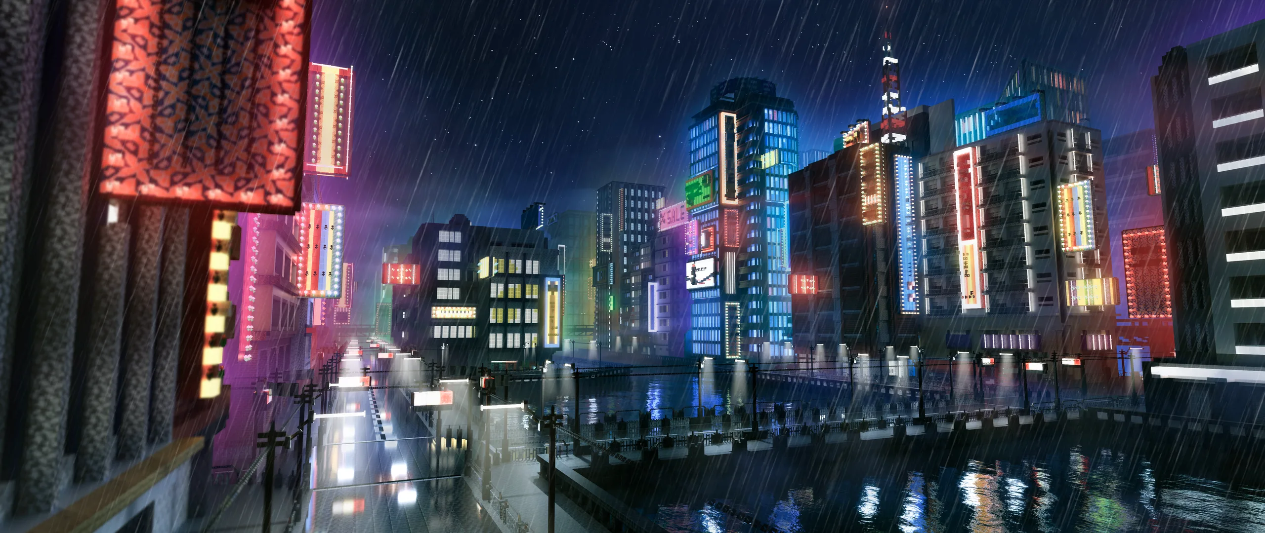Minecraft city skyline at night in the rain, with tall neon-lit towers along a dark canal and glowing reflections on the water.