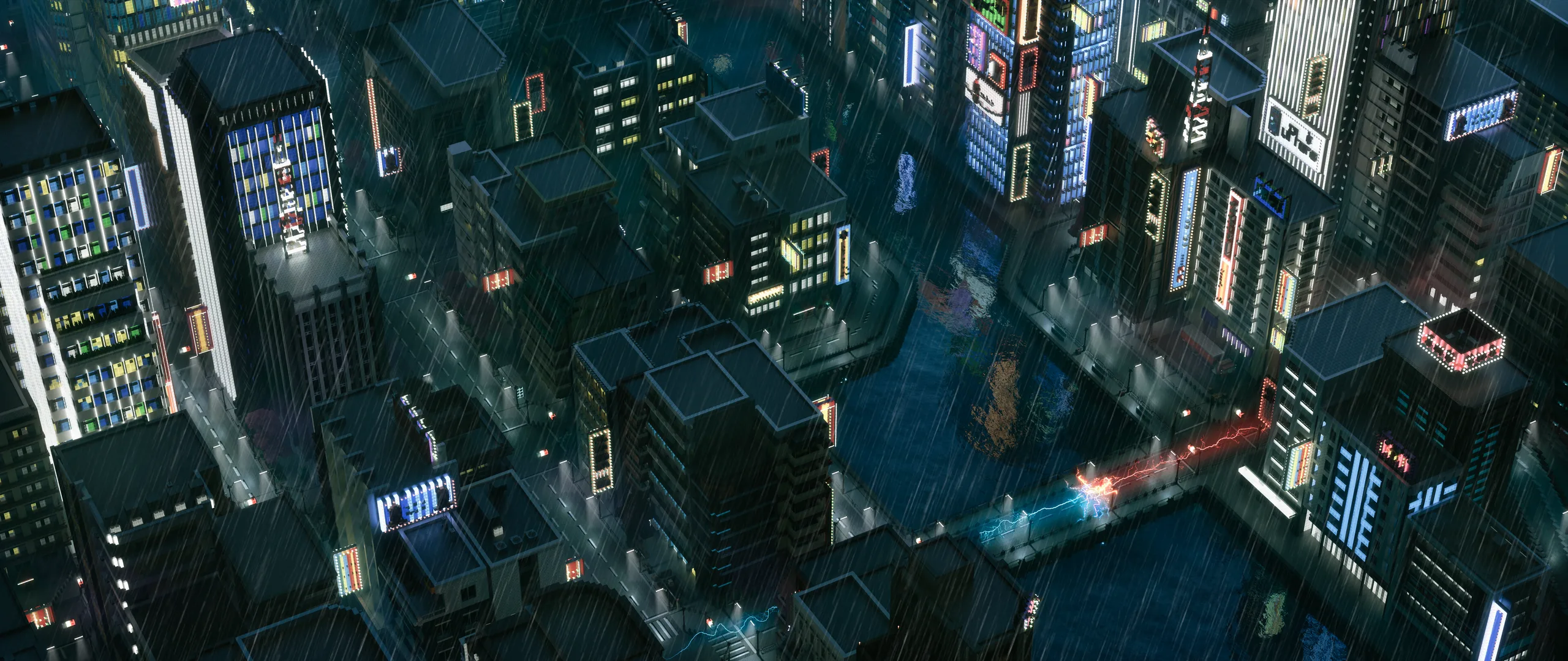 Minecraft city skyline at night with dense dark skyscrapers, bright neon signs, and glowing windows around a grid of streets and water canals.