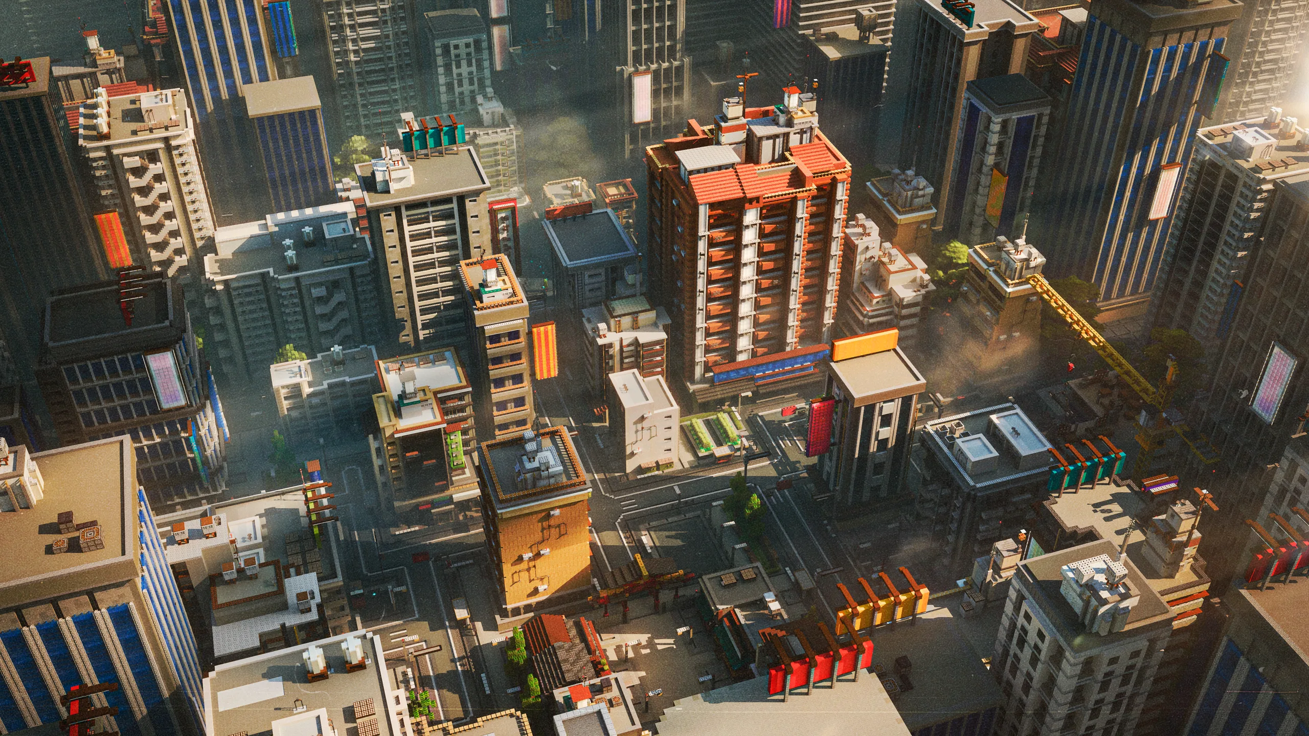 Minecraft city skyline with dense high-rises, cranes, and streets packed into a blocky downtown grid, lit by warm sun and hazy shadows.