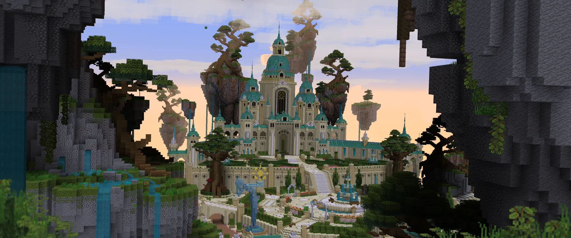 Minecraft build of a grand white-and-turquoise castle with tall towers, centered between dark cliffs and floating islands, with waterfalls and trees below.