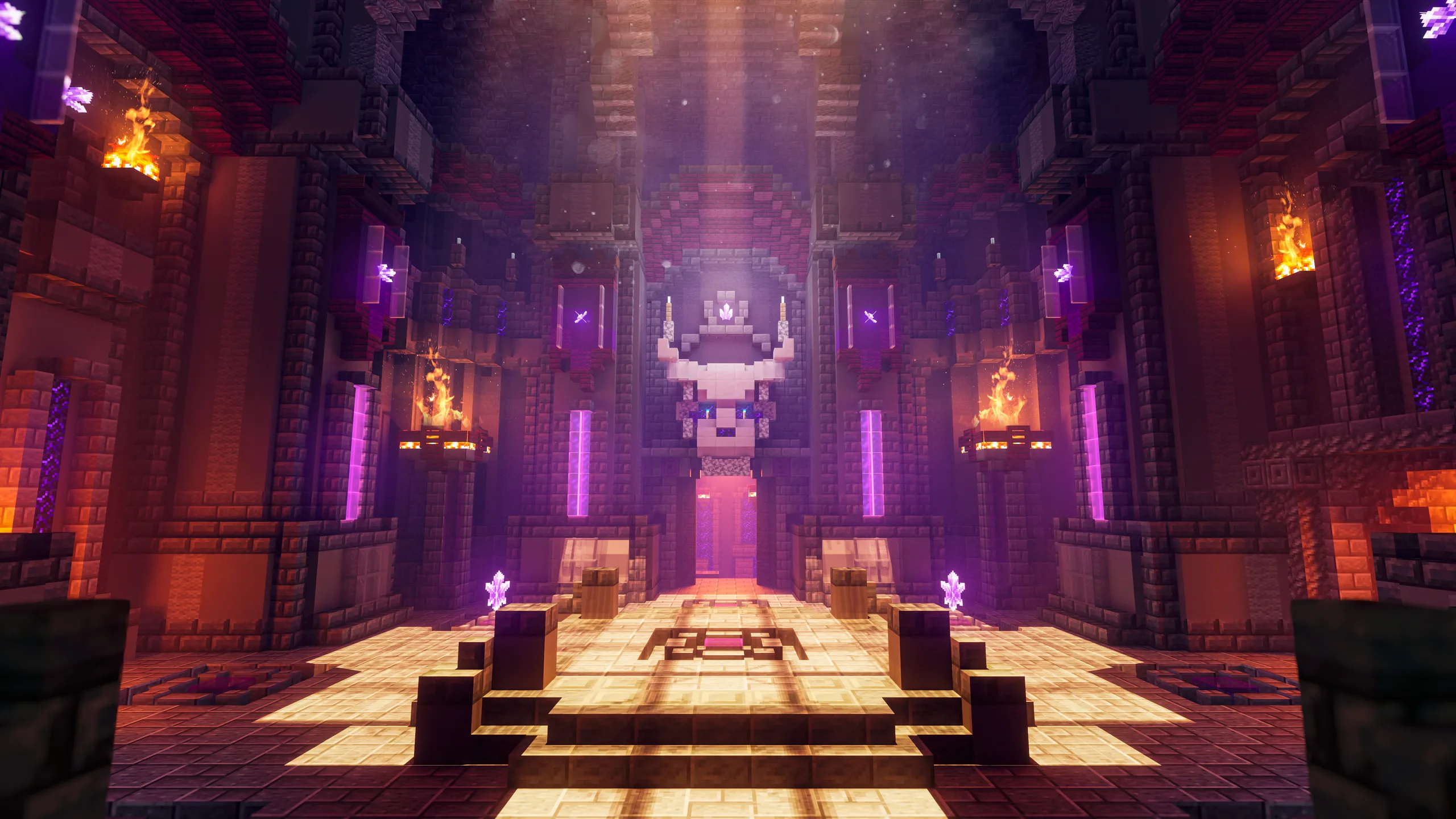 Minecraft throne room with a raised central dais, glowing purple pillars, and stone walls lit by braziers. The symmetrical hall is framed by dark architecture and warm orange firelight against magenta highlights.