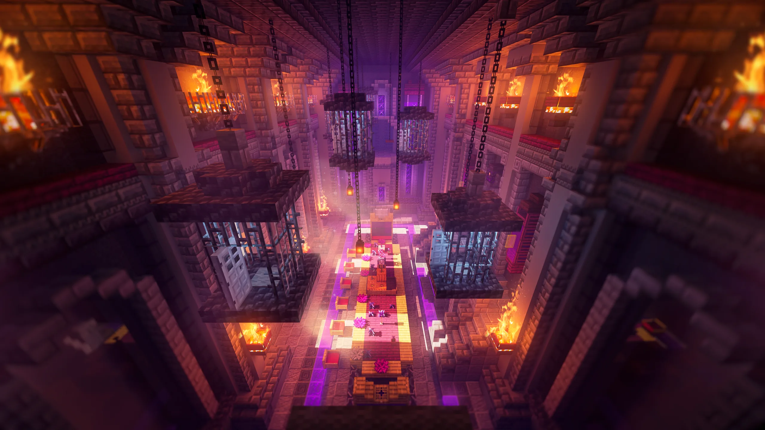 Minecraft interior with a tall vaulted hall, hanging cage-like structures, and a glowing central aisle. Purple, pink, and orange lighting fills the stone and wood space with lanterns and chains along the walls.