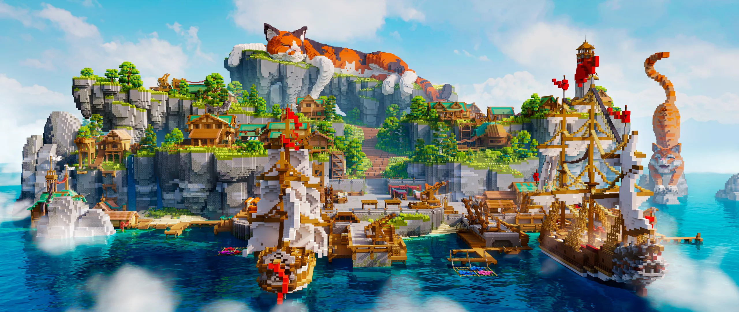 Minecraft harbor scene with wooden sailing ships, docks, and cliffside houses beneath a lush rocky hill, plus a huge orange fox-shaped build on the ridge and a tall spiral tower by the sea.