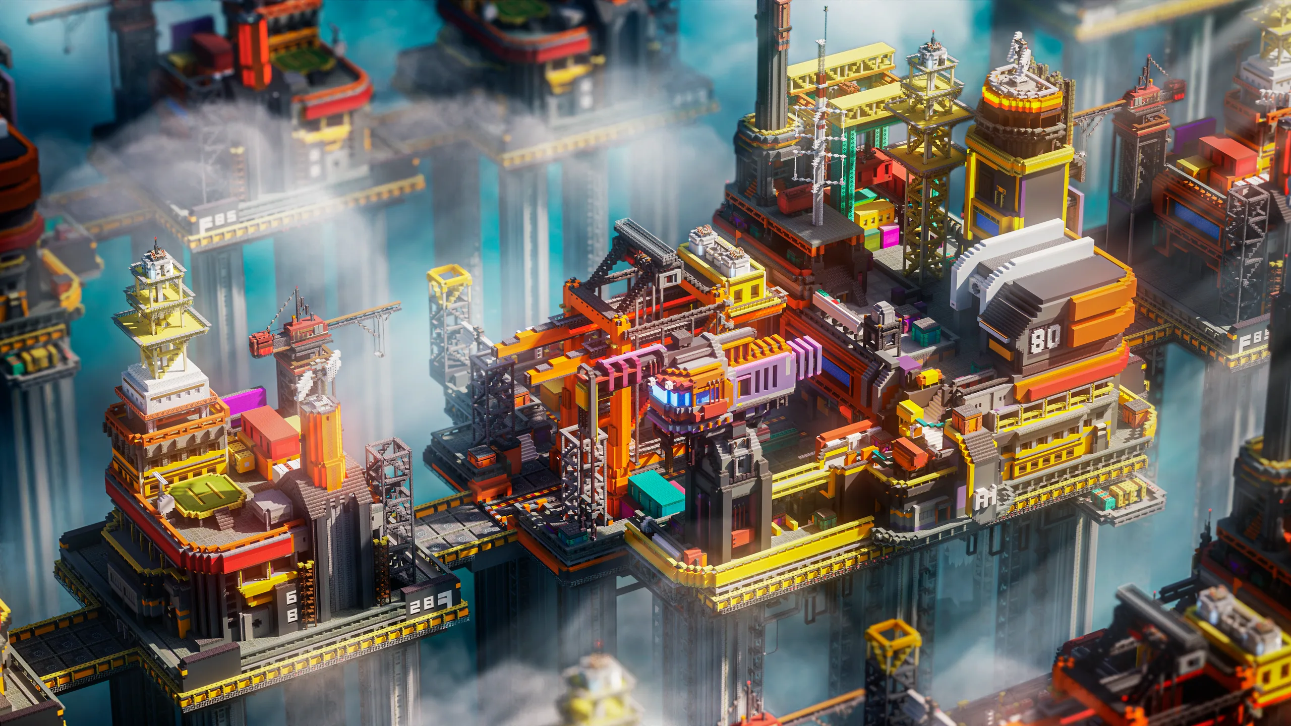 Minecraft scene of a sprawling floating industrial city with dense towers, cranes, pipes, and glowing orange and yellow structures above clouds.