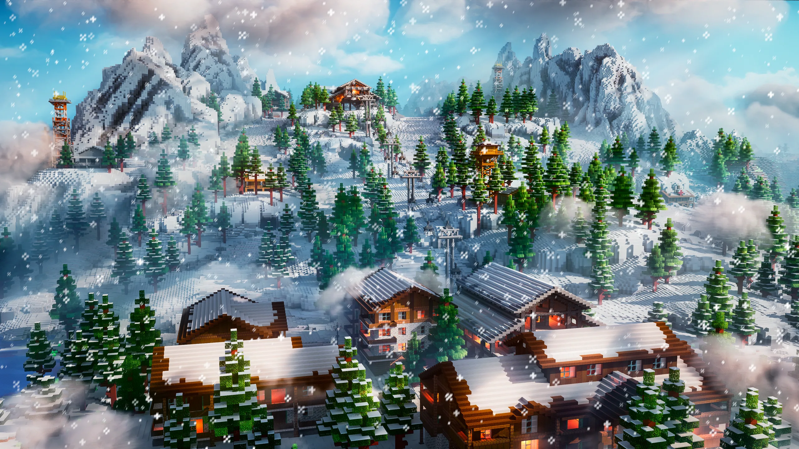 Minecraft winter mountain valley with snowy pine forests, clustered wooden cabins, and a hilltop house beneath icy peaks and drifting clouds.