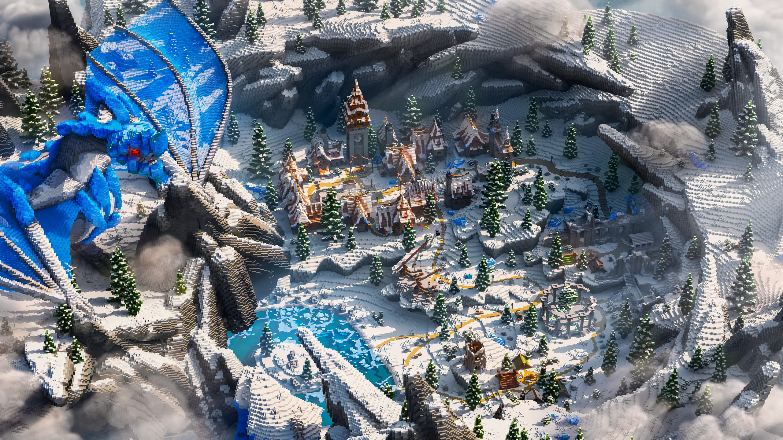Minecraft winter valley with a snowy village and castle-like towers, surrounded by pine trees and carved cliffs. A bright blue dragon curls along the left side above icy pools and glowing buildings.