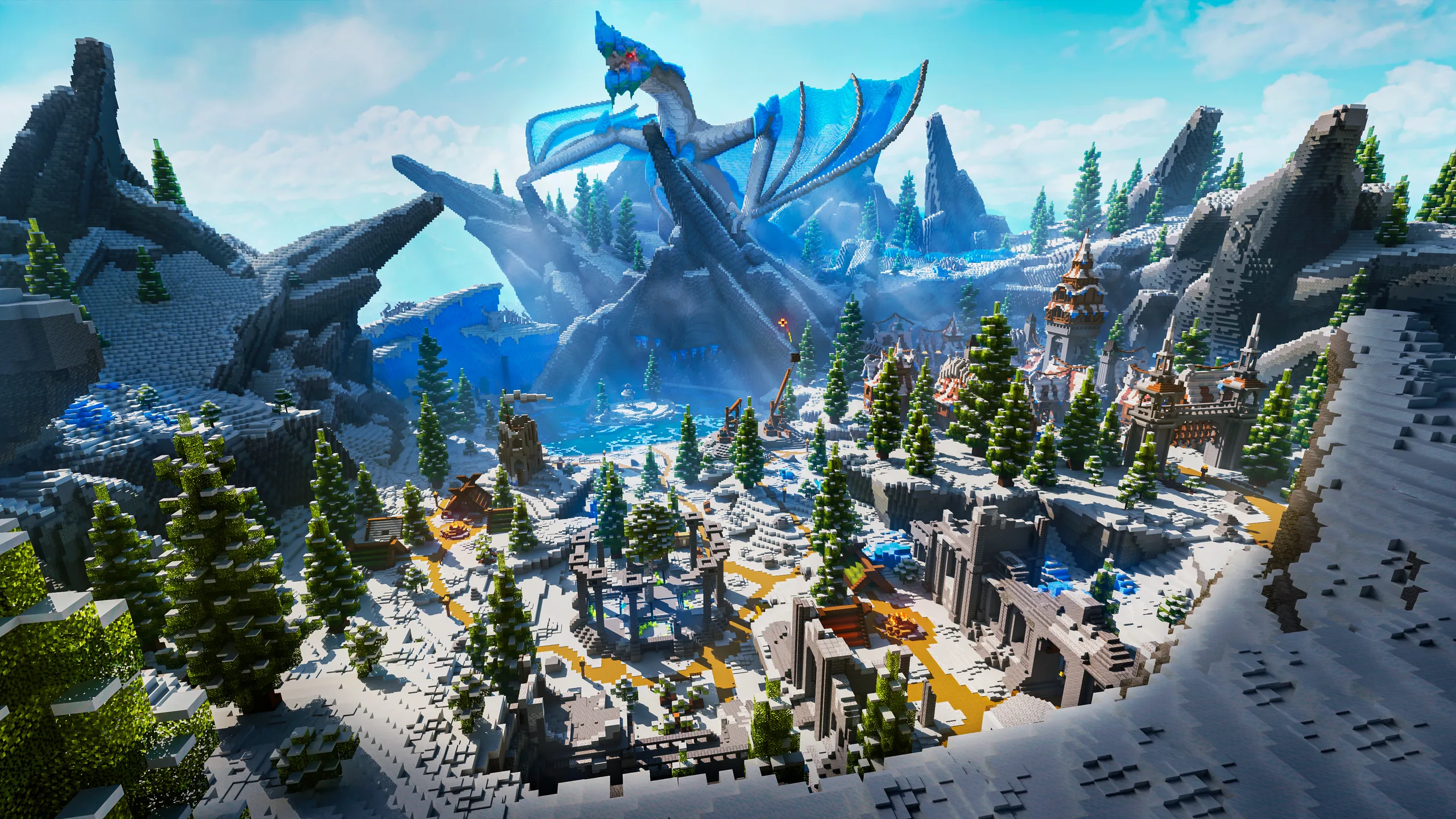 Minecraft snowy mountain valley with evergreen trees, icy peaks, and a central blue dragon-like build looming over a lake. Small clustered buildings and bridges sit below under bright cyan sky.