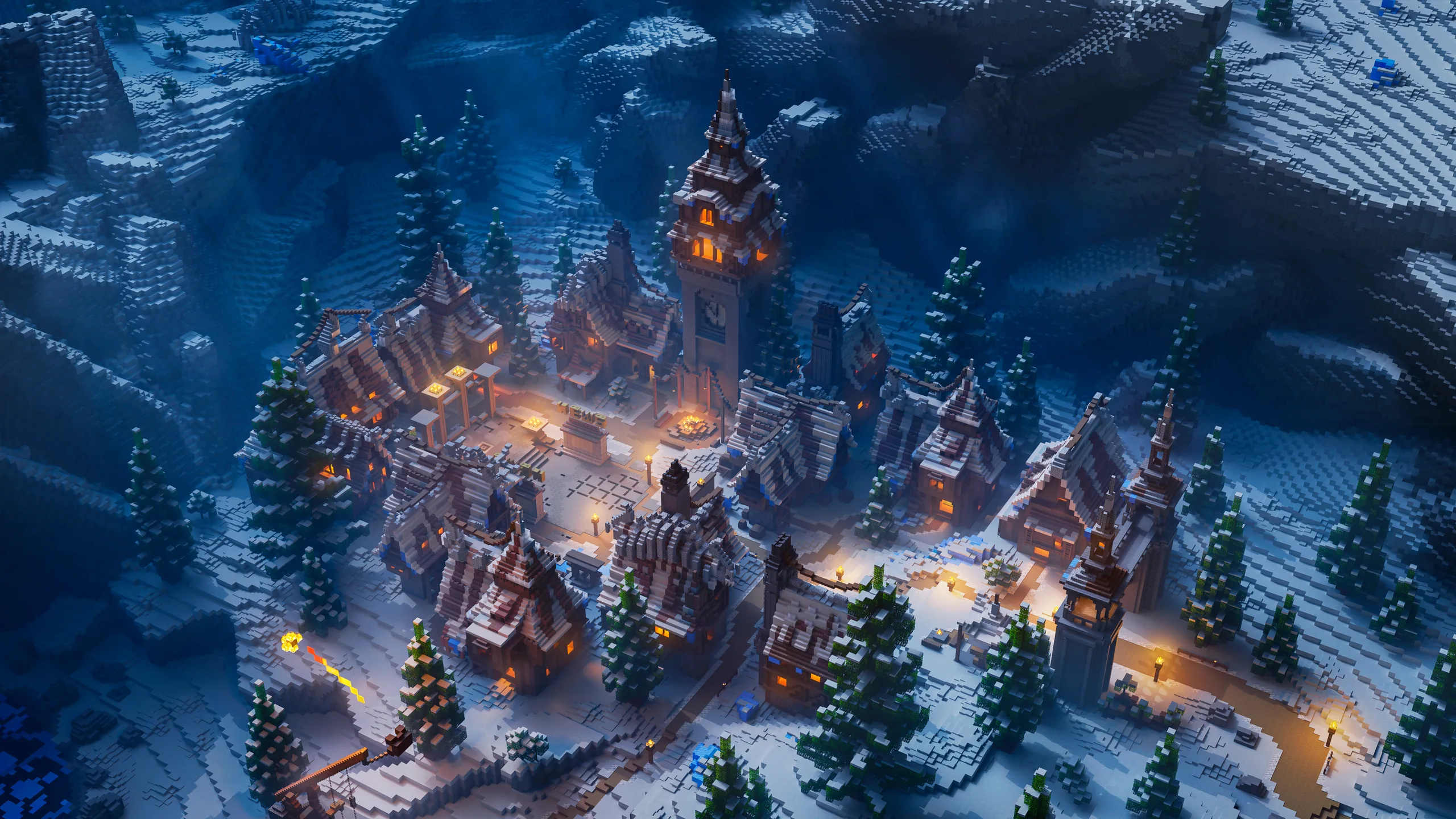 Minecraft winter fortress in a snowy mountain basin, with clustered peaked towers and glowing windows around a central courtyard. Dark pine trees and icy cliffs frame the settlement under blue twilight.