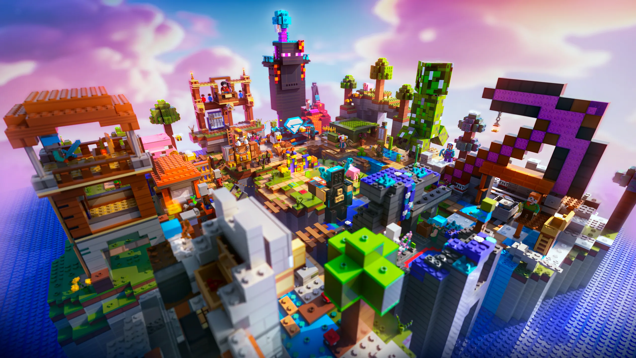 Minecraft build of a colorful floating island city with small towers, bridges, and trees above blue water, framed by bright pink and purple sky.