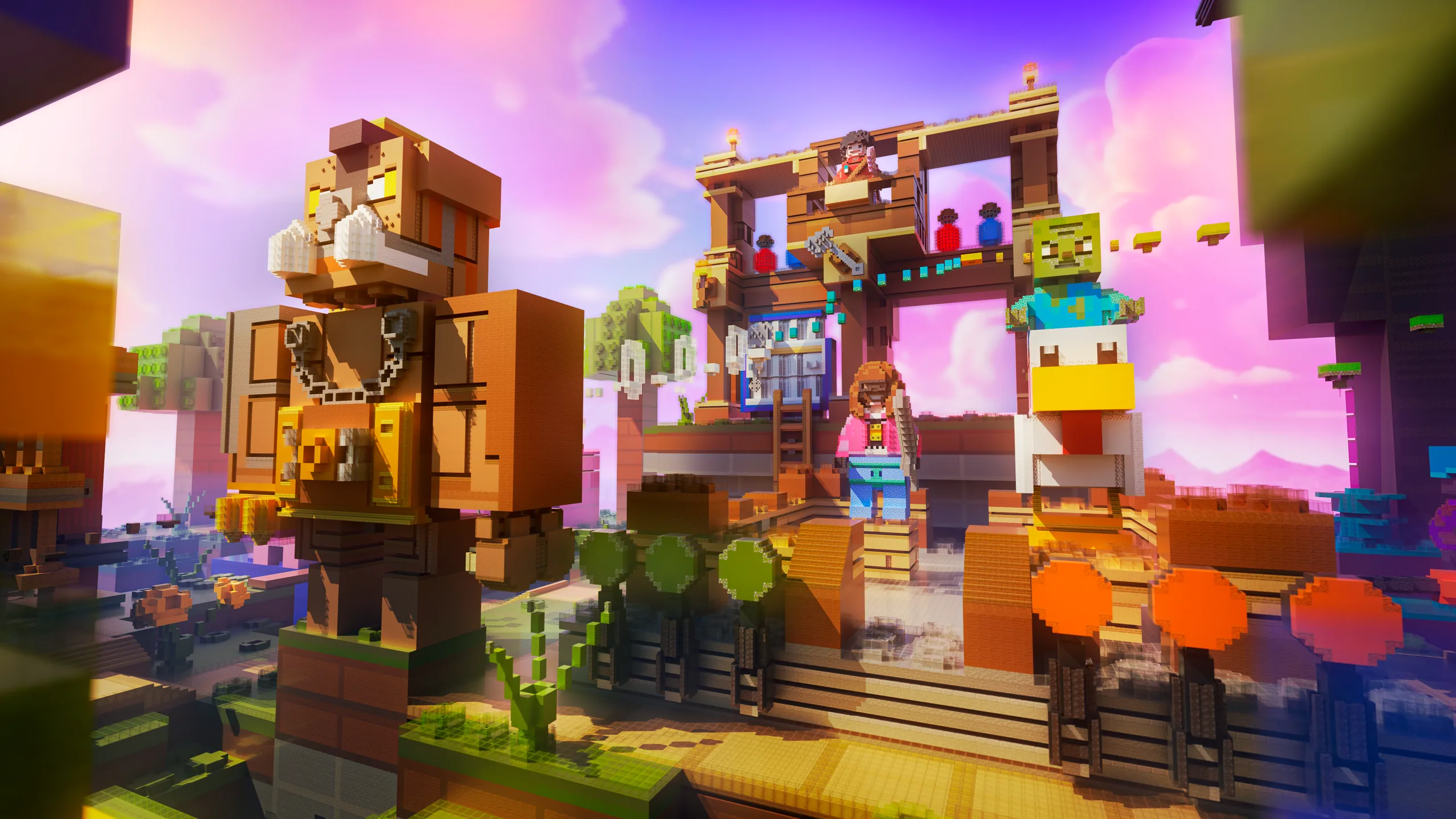 Minecraft scene with a colorful wooden building on stilts, a central stairway, and blocky figures on a bright waterfront. Pink sky and green trees frame the composition with orange, gold, and teal accents.