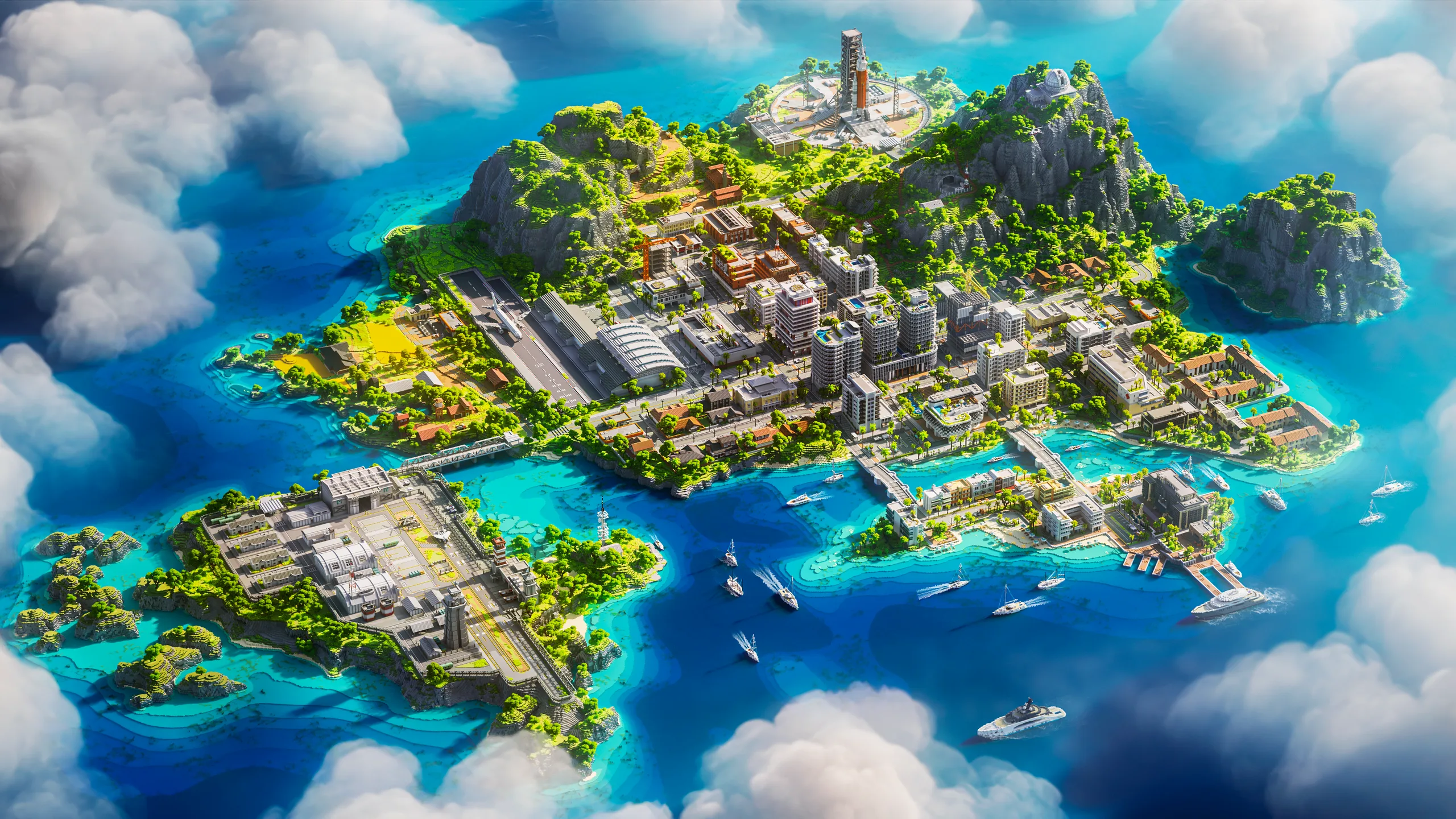 Minecraft island city with clustered gray buildings, docks, and bridges around bright turquoise water, rising to a green central mountain with a tower under cloudy skies.