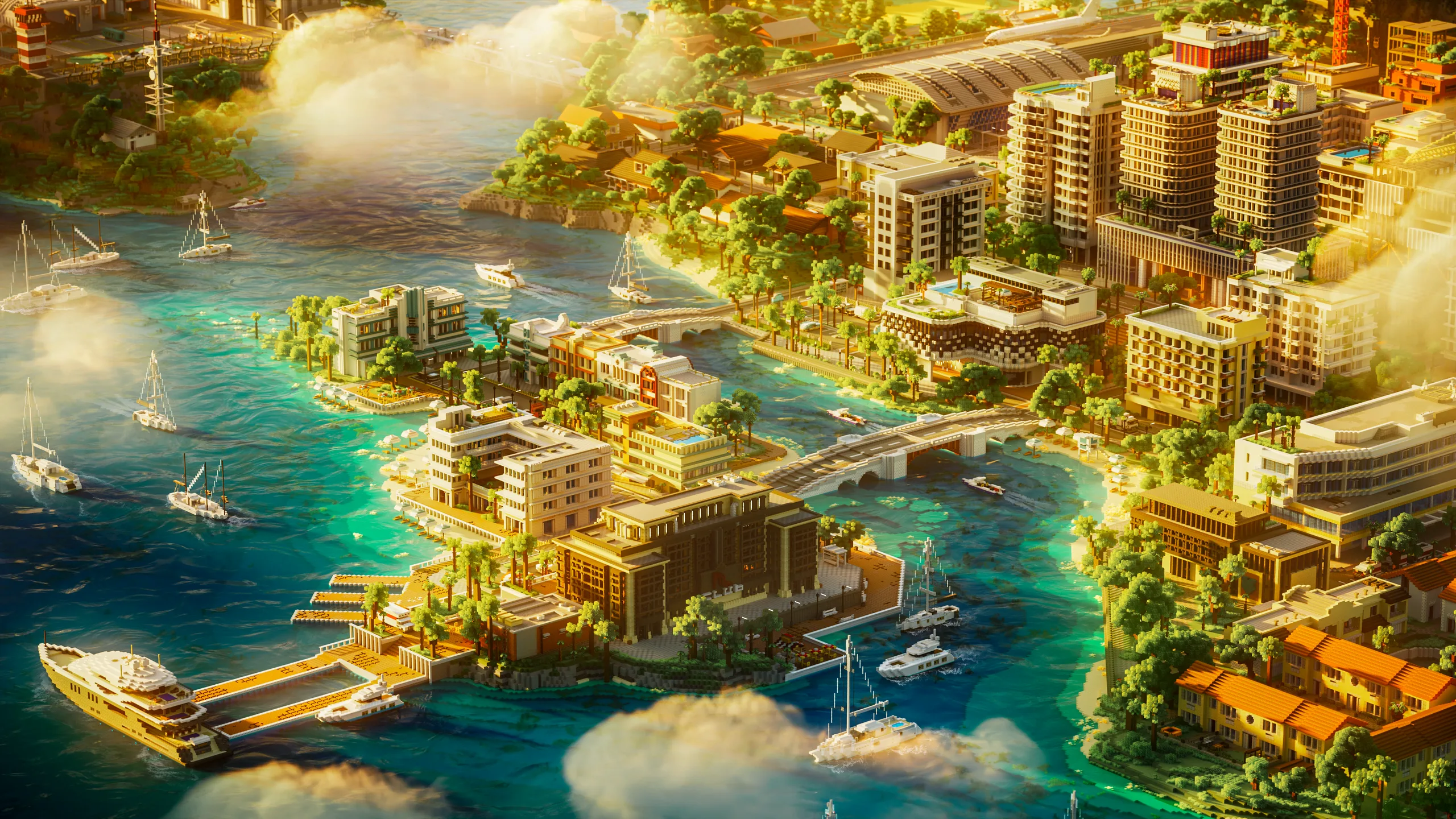 Minecraft coastal city built on small islands and peninsulas, with dense tan high-rises, bridges, docks, and boats around bright turquoise water and green cliffs.