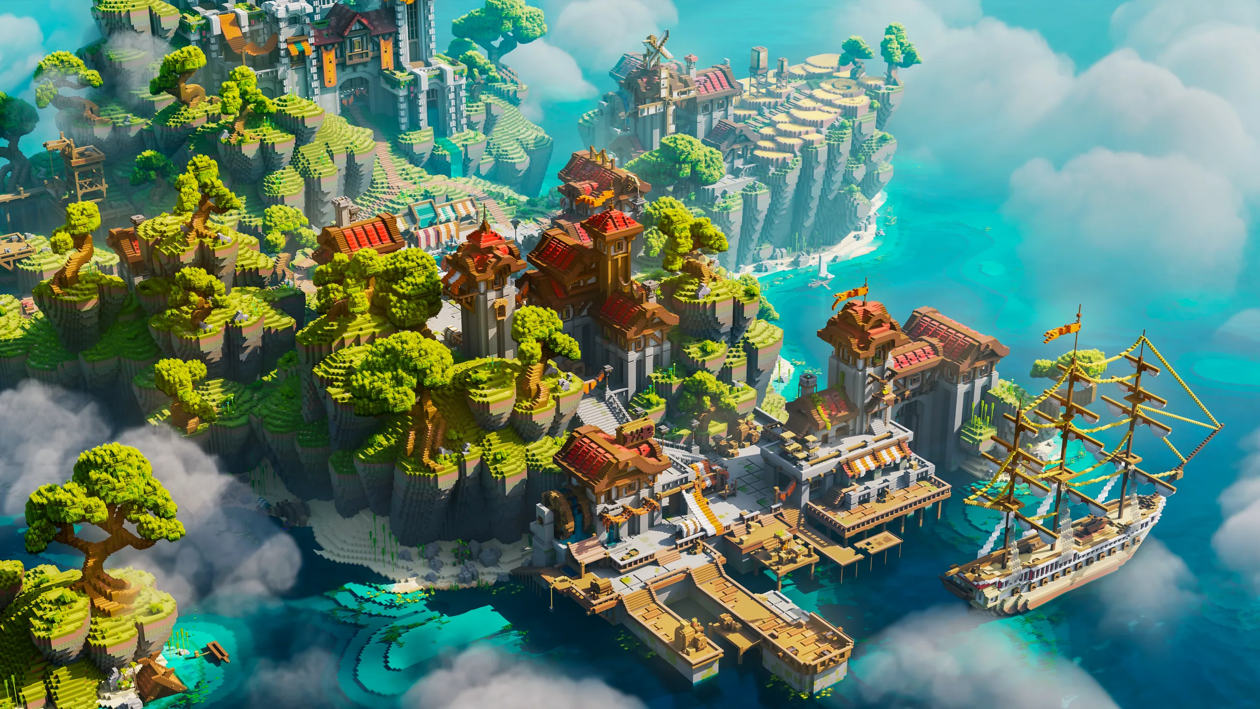 Minecraft cliffside harbor with red-roofed buildings, docks, and a sailing ship beside turquoise water, set among steep green terraces and misty clouds.