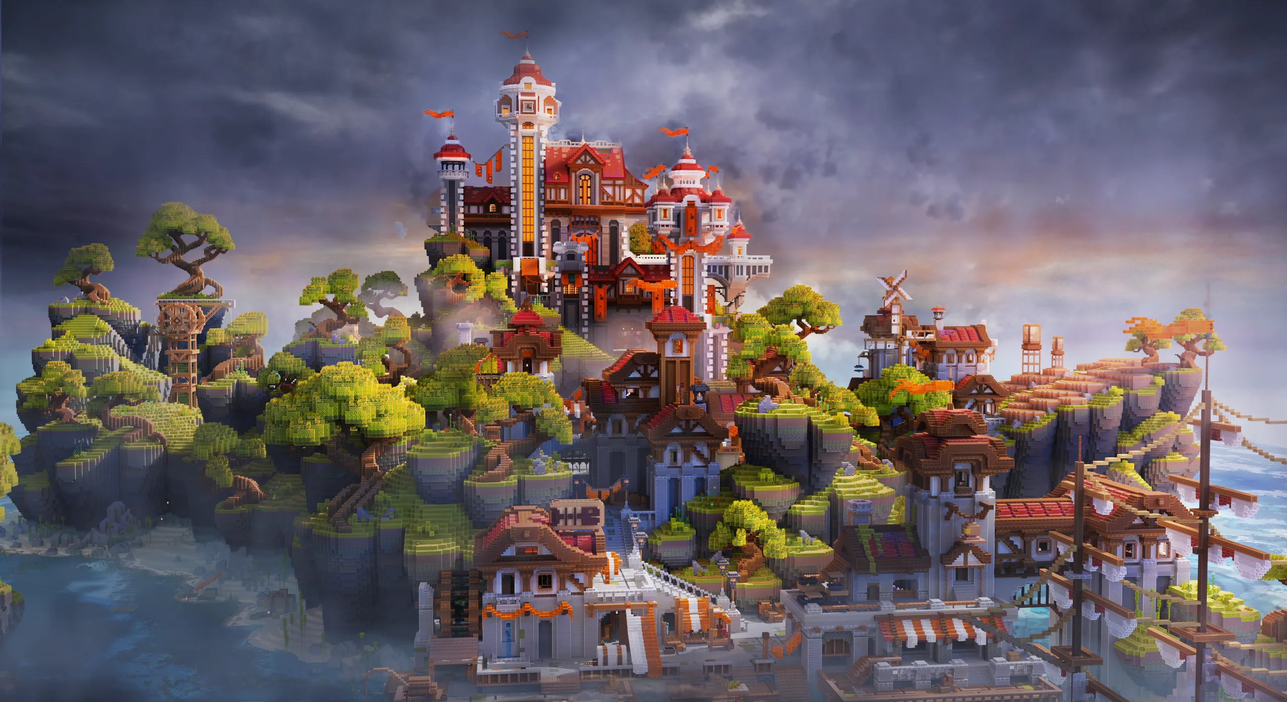 Minecraft build of a sprawling hilltop castle town with red roofs, towers, and bridges above rocky cliffs and misty water, set under a dramatic cloudy sky.