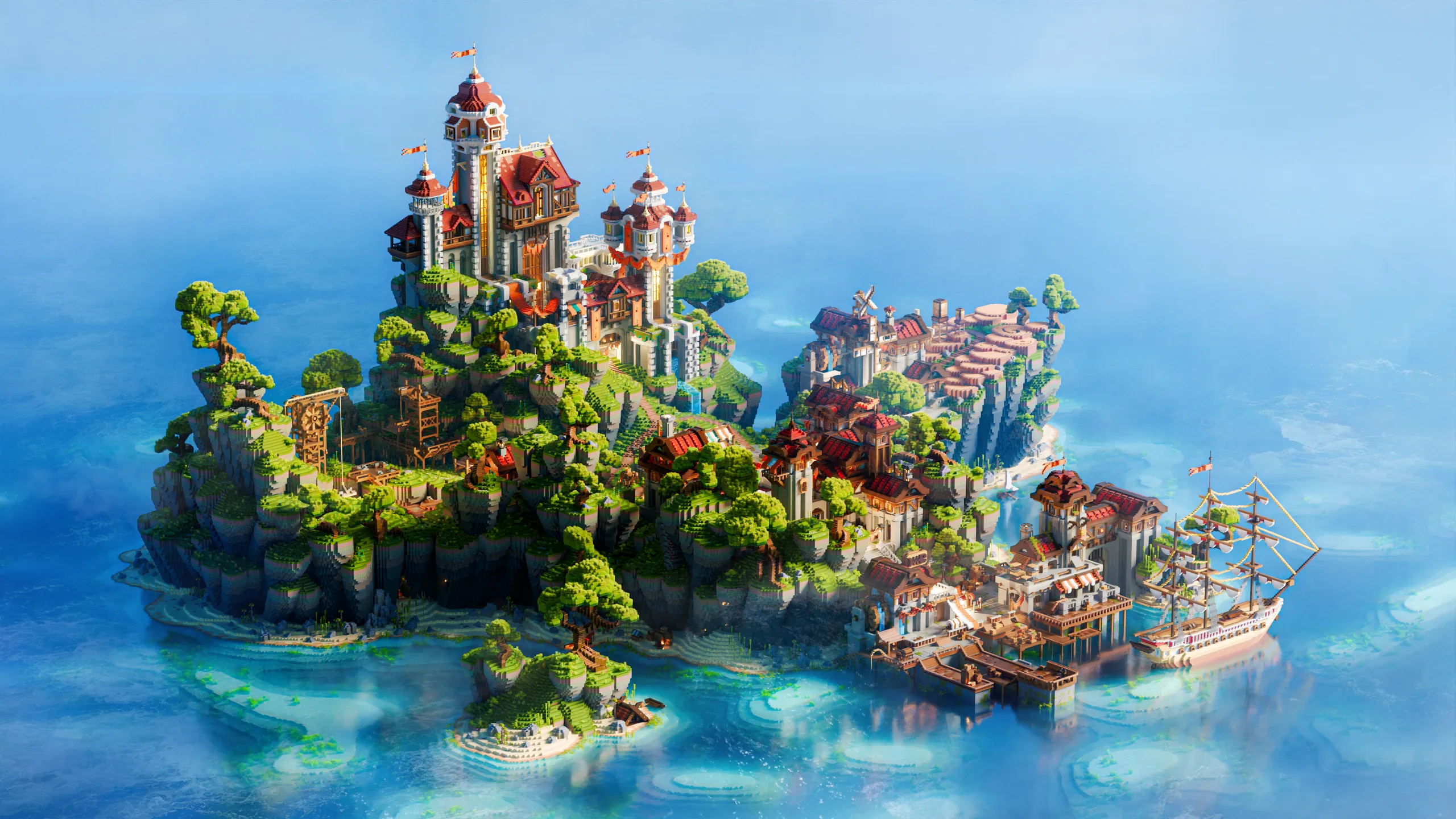 Minecraft build of a colorful island kingdom with tall red-roofed towers on a lush green cliff, plus smaller harbor buildings and a sailing ship beside blue water.