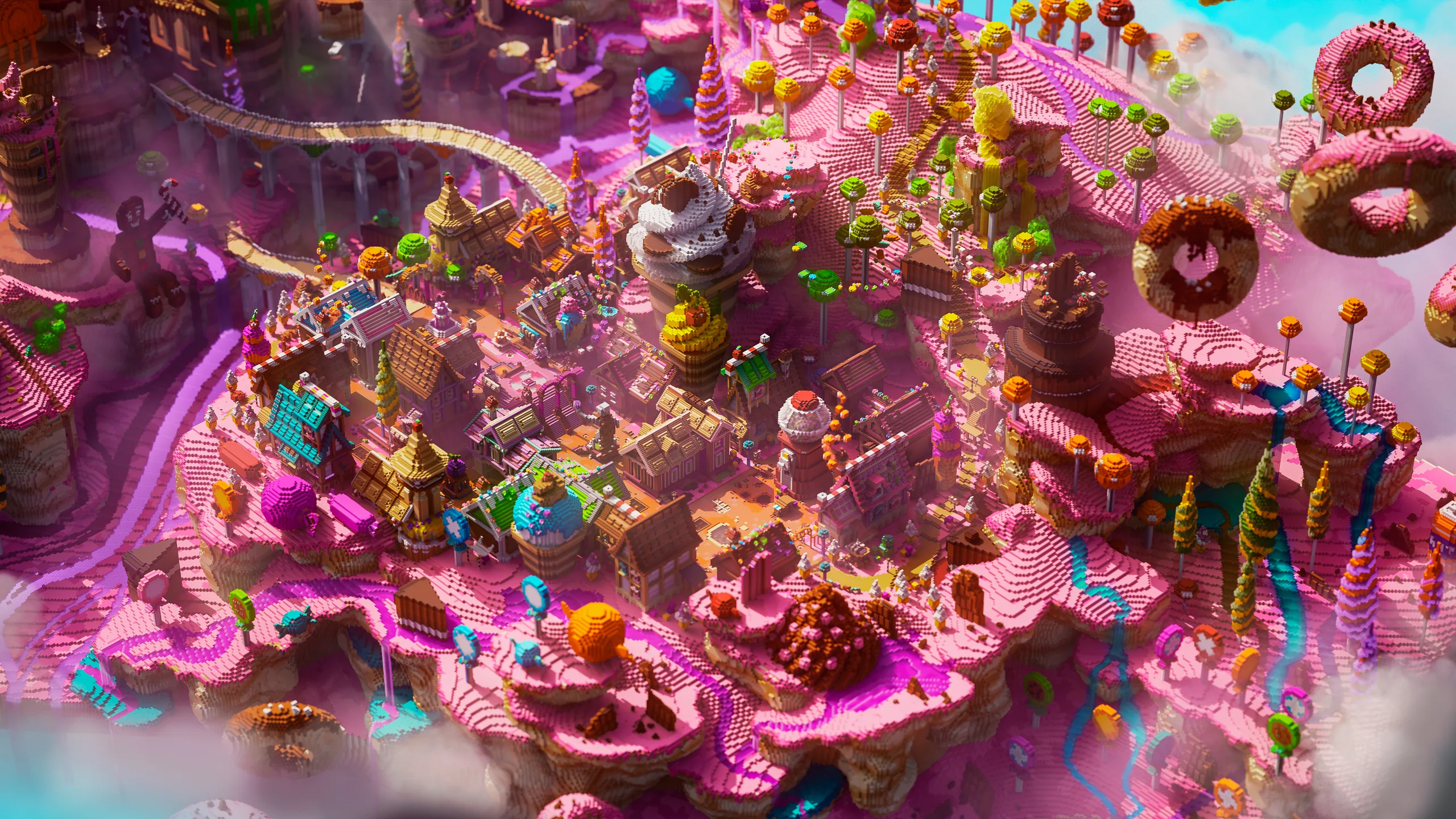 Minecraft landscape of a pink, candy-like island city with tall towers, winding paths, and donut-shaped rings, surrounded by clouds and bright teal accents.