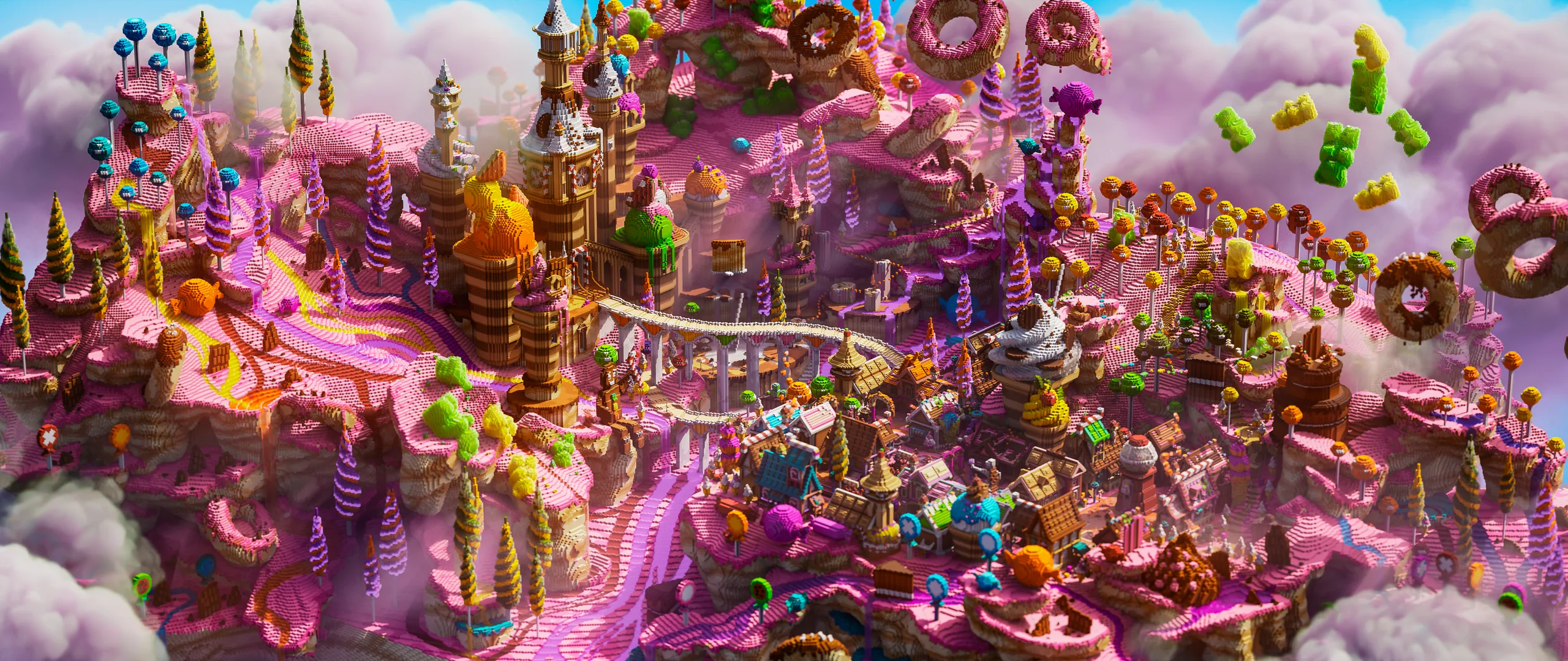 Minecraft fantasy landscape of pink and purple hills packed with ornate towers, arches, and winding paths, with floating donut-like rings and bright green trees above cloud banks.