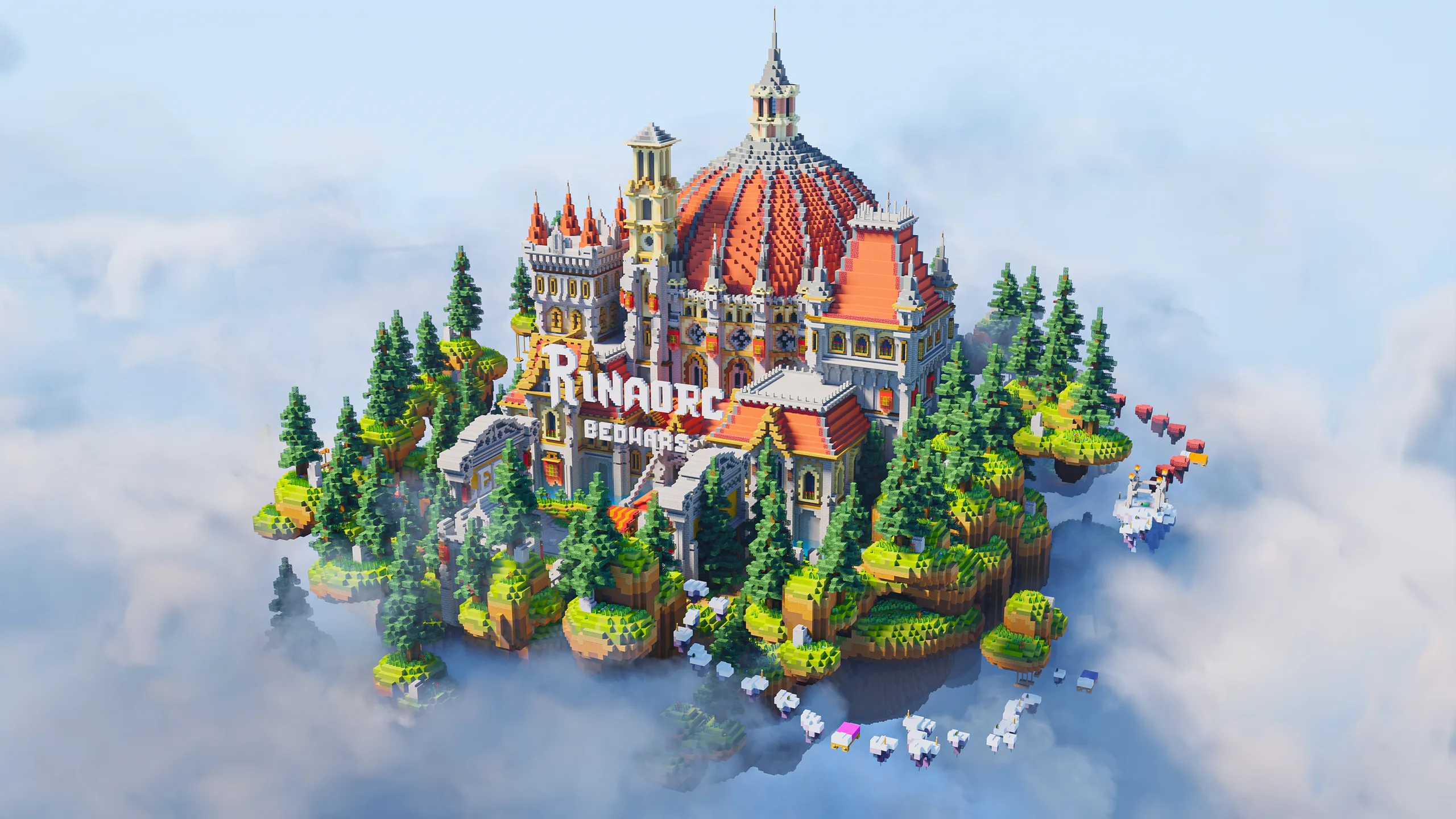 Minecraft floating island with a grand castle, red domed roof, towers, and dense trees above the clouds, centered in a wide aerial view with bright green and orange accents.
