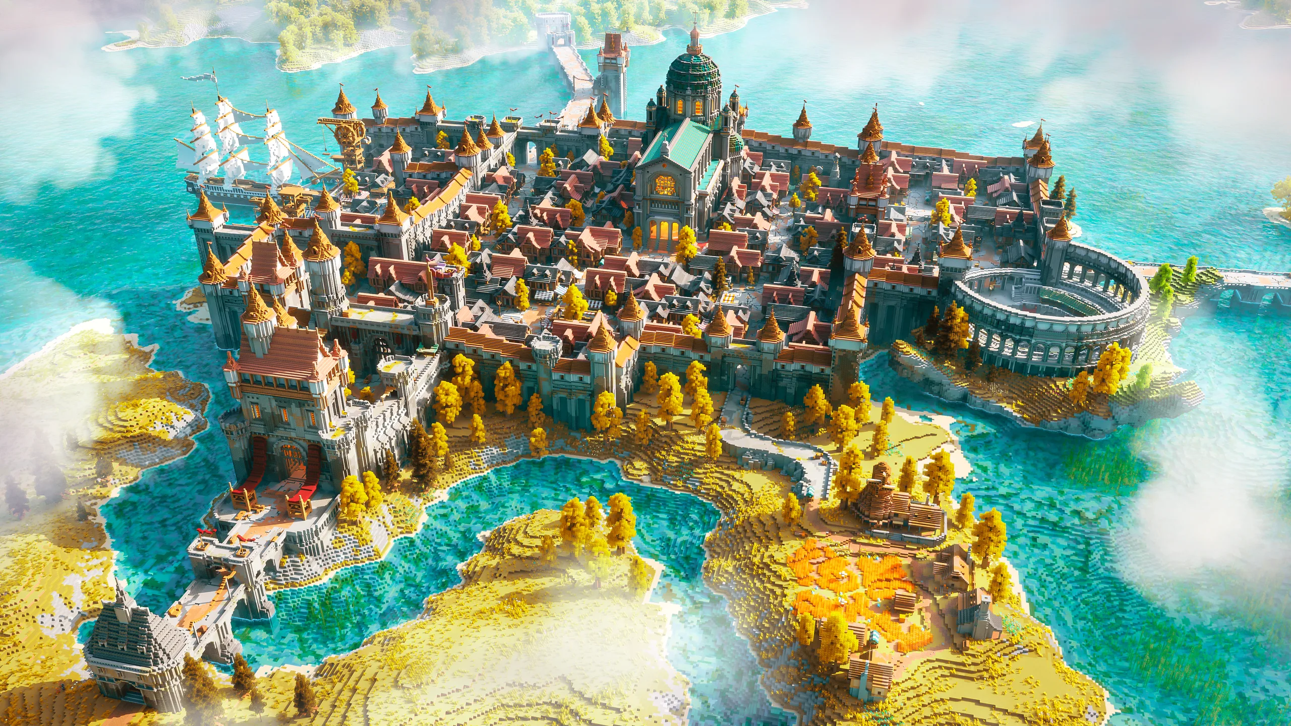 Minecraft city sprawls across a rocky island, with clustered roofs, towers, and a domed central hall above turquoise water. Golden trees and a curved shoreline frame the bright, sprawling build.