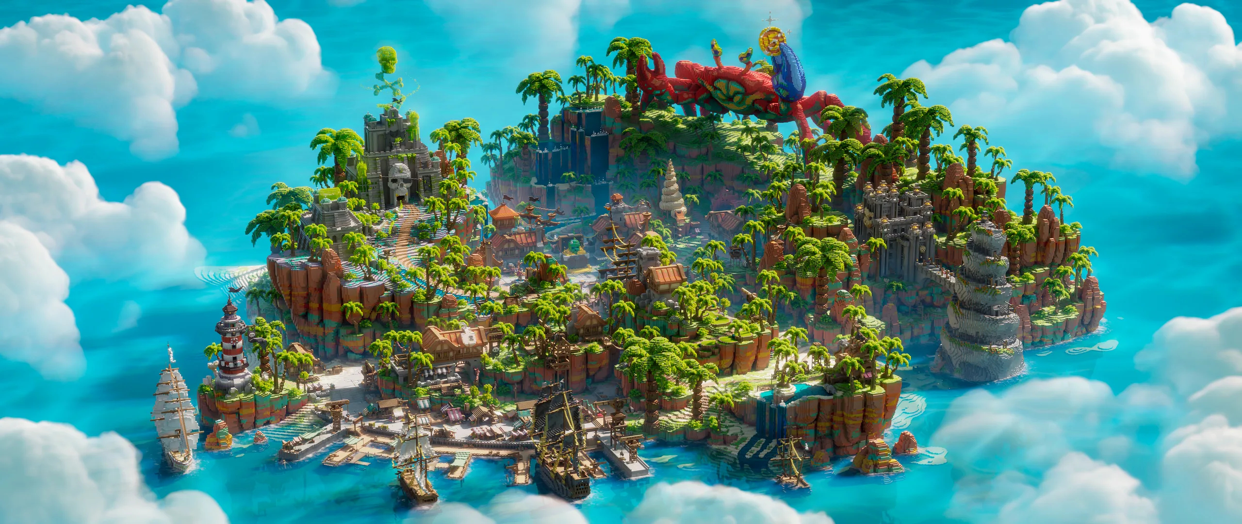 Minecraft floating island covered in lush jungle, rocky cliffs, and small waterfalls, surrounded by bright blue sky and clouds. The scene centers on a dense, colorful build with red and green foliage and a coastal shoreline.