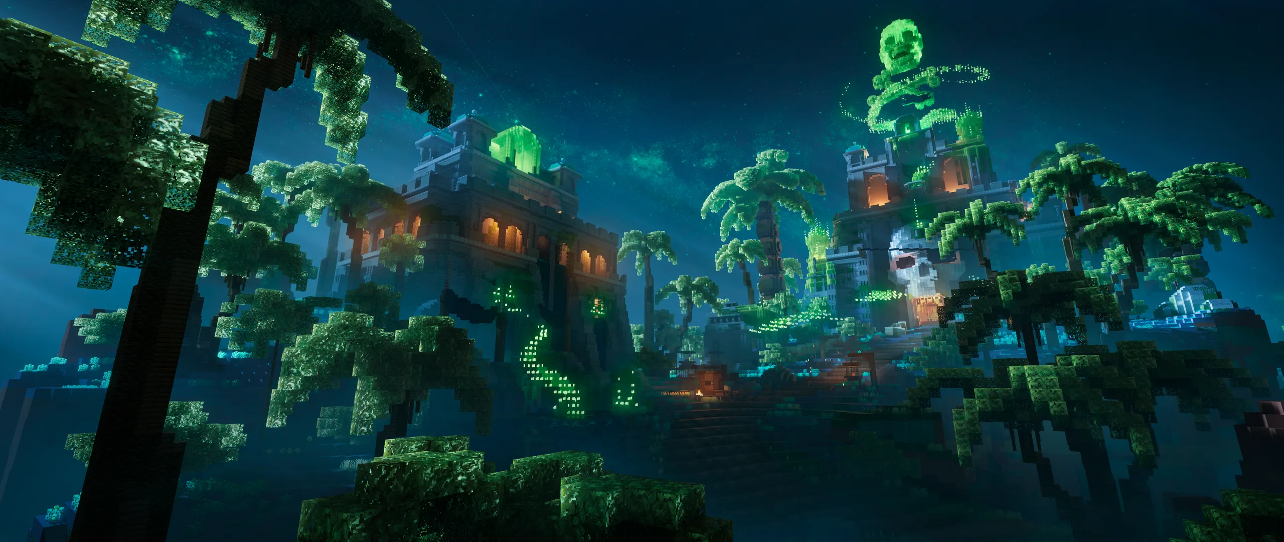 Minecraft jungle scene at night with a glowing hillside temple and tower, lit by green and orange lights among tall palm-like trees and misty blue terrain.