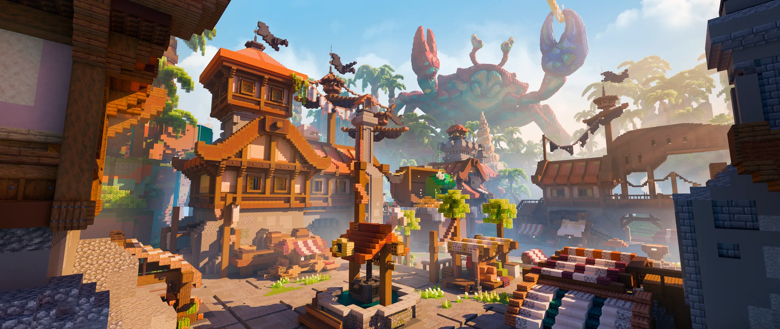 Minecraft market square with orange-roofed wooden buildings, stone paths, and a small central fountain, framed by cliffs and misty giant shapes in the distance.