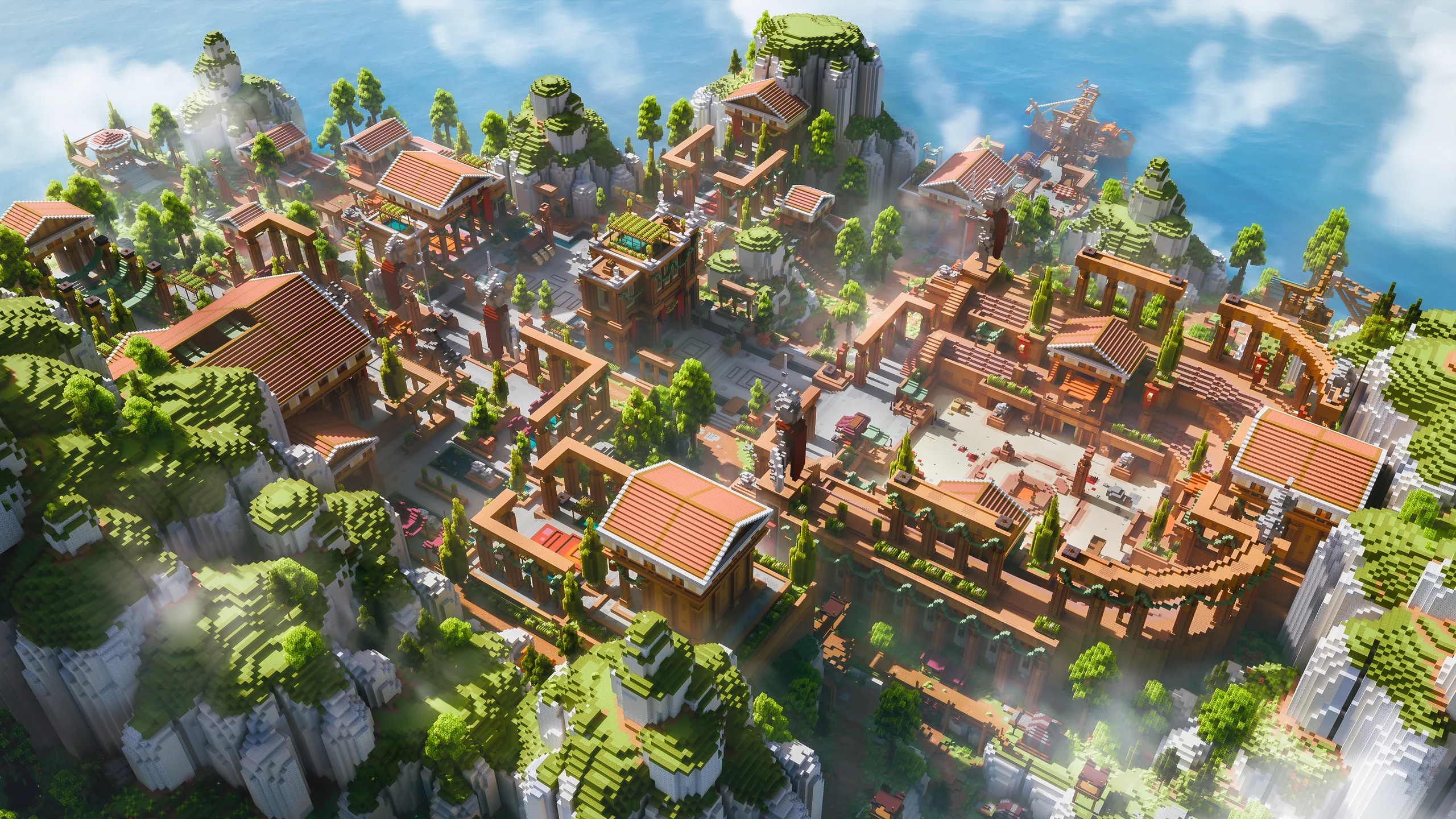 Minecraft hillside village with red-roofed buildings, terraced paths, and stone walls on a cliff above blue water, surrounded by green trees and mist.