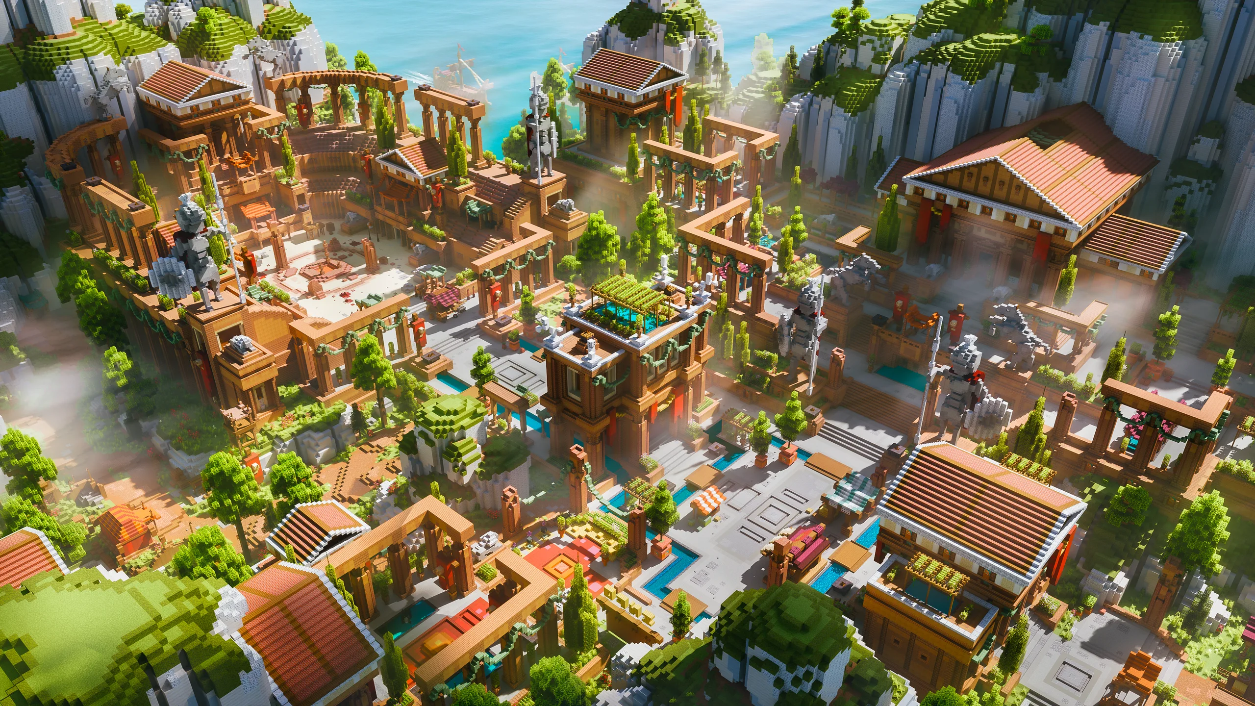 Minecraft cliffside village with terracotta roofs, wooden walkways, and towers set among green trees and steep stone walls, viewed from above in bright sunlight.