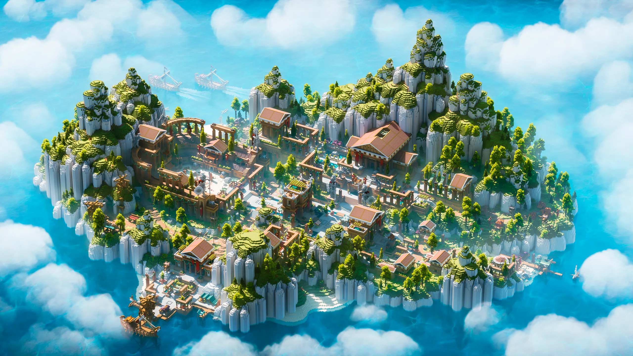 Minecraft floating island settlement with clustered houses, bridges, and terraces on steep cliffs. White rock walls, green trees, and warm roofs sit above bright blue clouds and water.