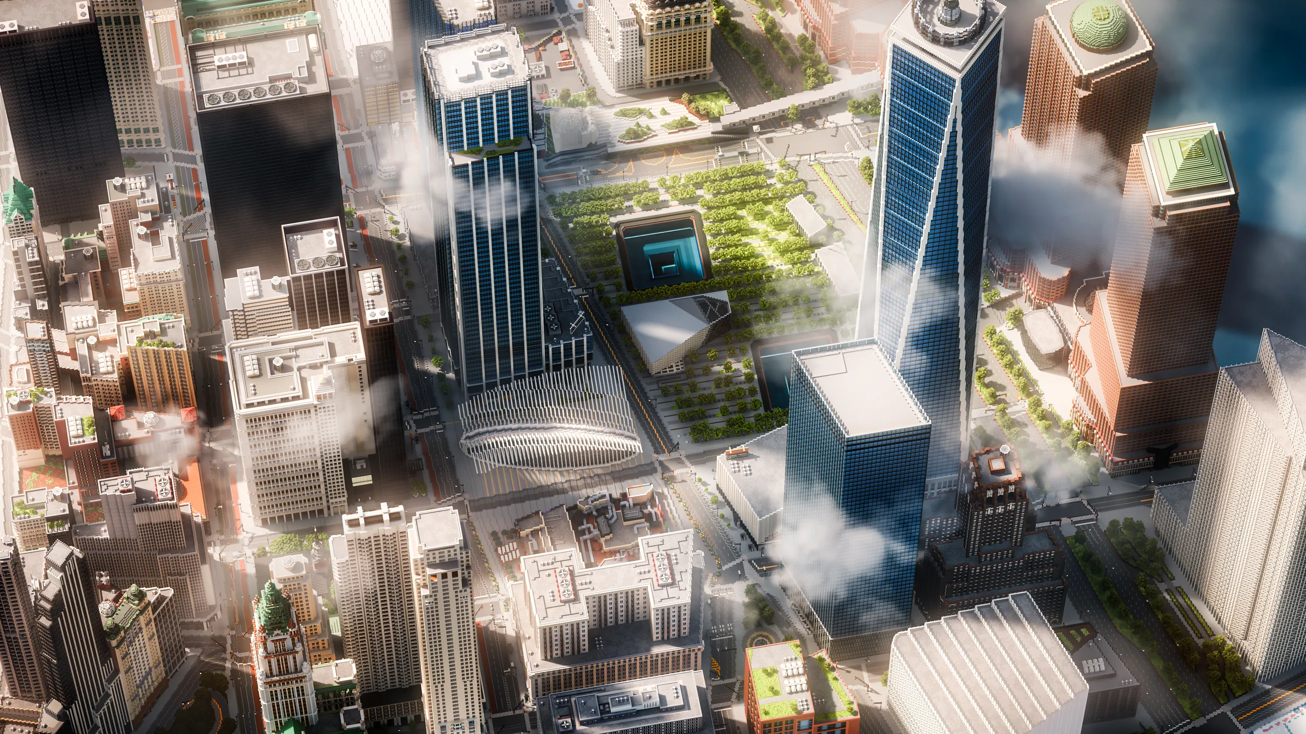 Minecraft aerial cityscape with tall blue-glass skyscrapers, dense white buildings, and drifting clouds around a bright central park and plazas.