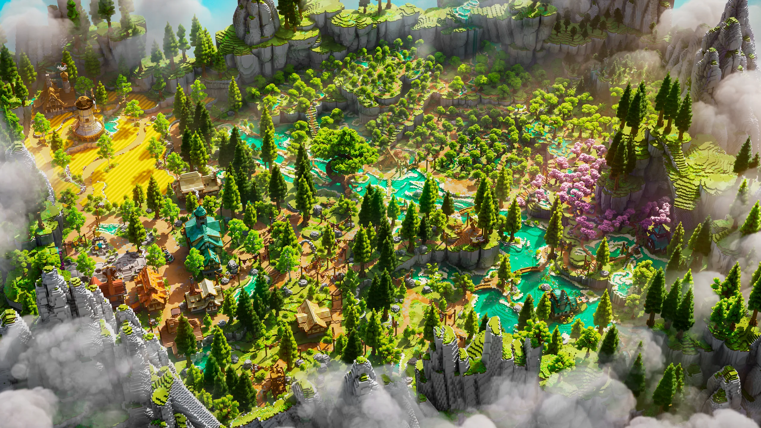 Minecraft landscape build of a wide forested valley with turquoise pools, pink flowering trees, and rocky cliffs, framed by clouds and dense green terrain.