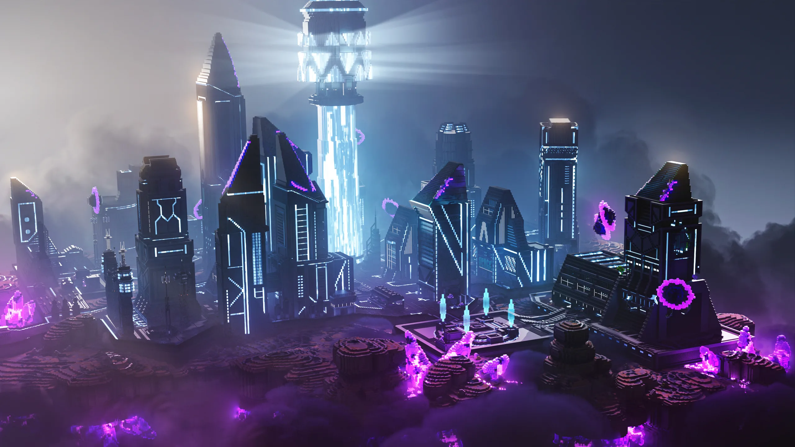 Minecraft skyline of dark futuristic towers with glowing cyan and purple accents, set on a misty terrain with neon rings and a bright central spire.