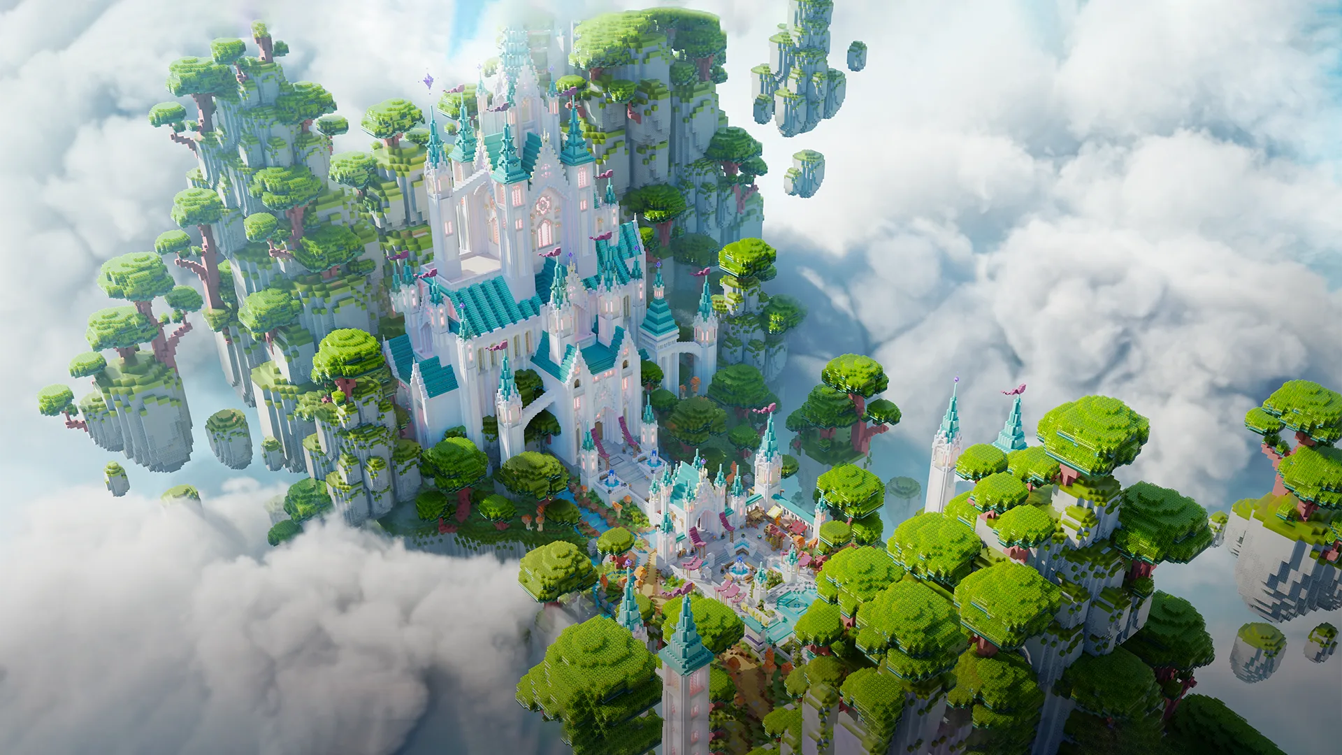 Minecraft floating castle with white walls and turquoise roofs, built on a lush cliff island above clouds. Smaller tree-covered isles surround a colorful courtyard and waterfalls.
