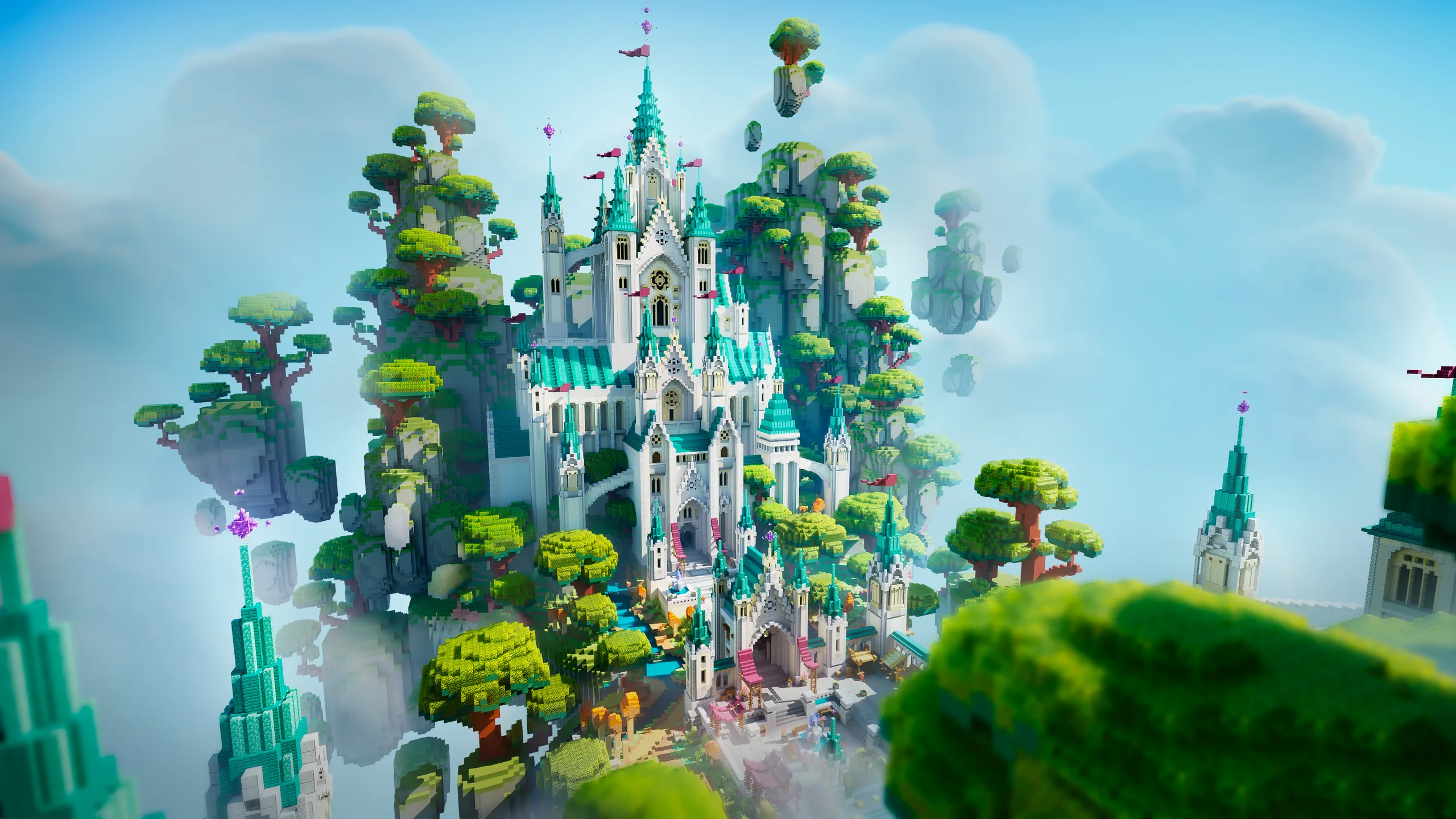 Minecraft castle with teal spires rises from floating islands, framed by lush trees and misty clouds, with a bright pastel sky and a small tower in the distance.