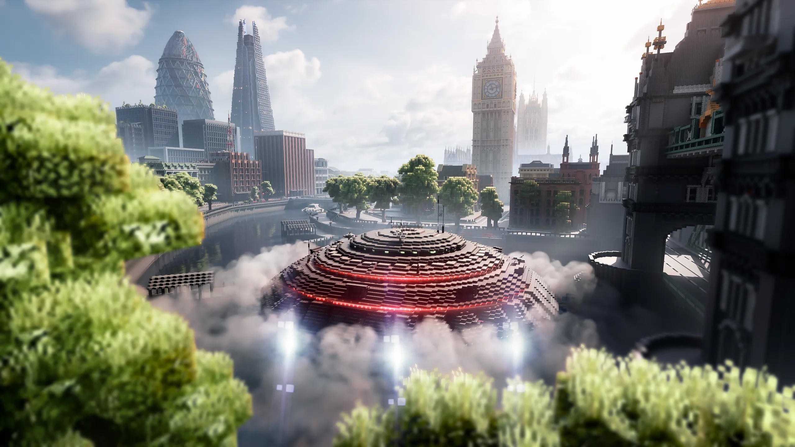 Minecraft cityscape with a glowing layered dome in the center, ringed by mist above a canal, framed by trees and dark buildings with a tall clock tower in the distance.