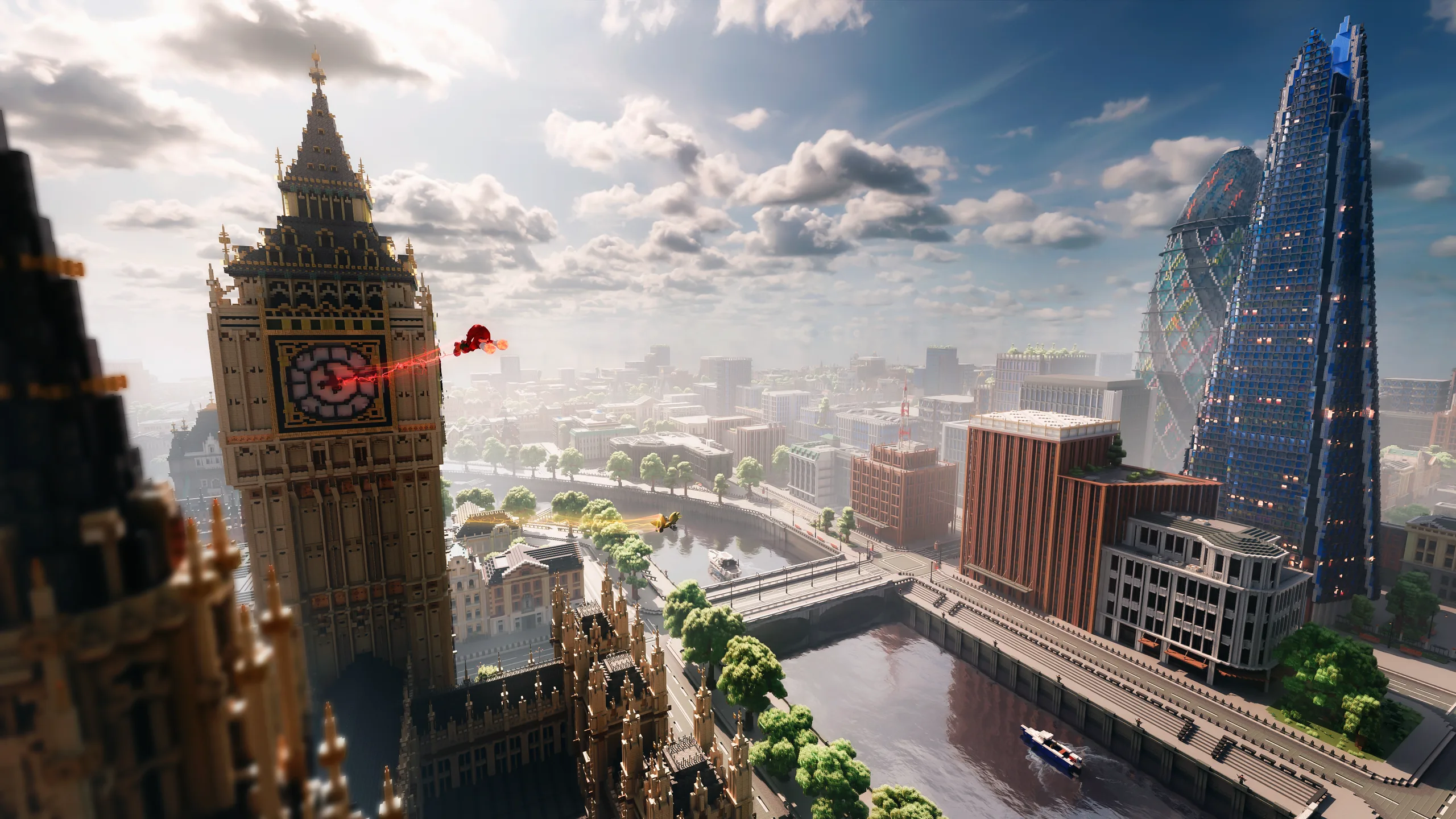 Minecraft skyline with a Big Ben-style clock tower beside a river, bridges, and clustered modern high-rises under a bright cloudy sky, mixing tan stone and blue glass.