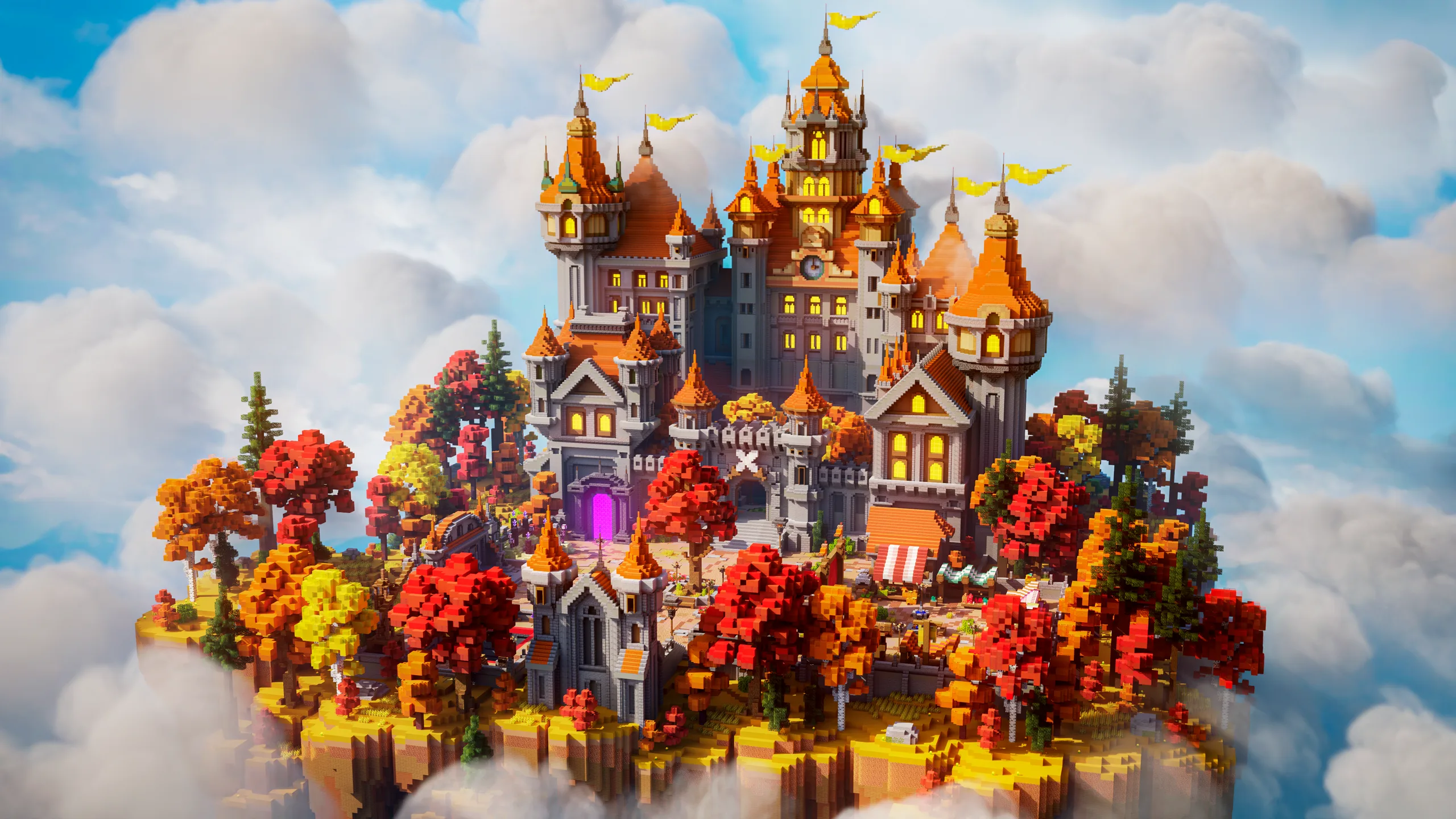Minecraft castle with orange-roofed towers and glowing windows sits on a floating island above clouds, ringed by vivid red and gold autumn trees.