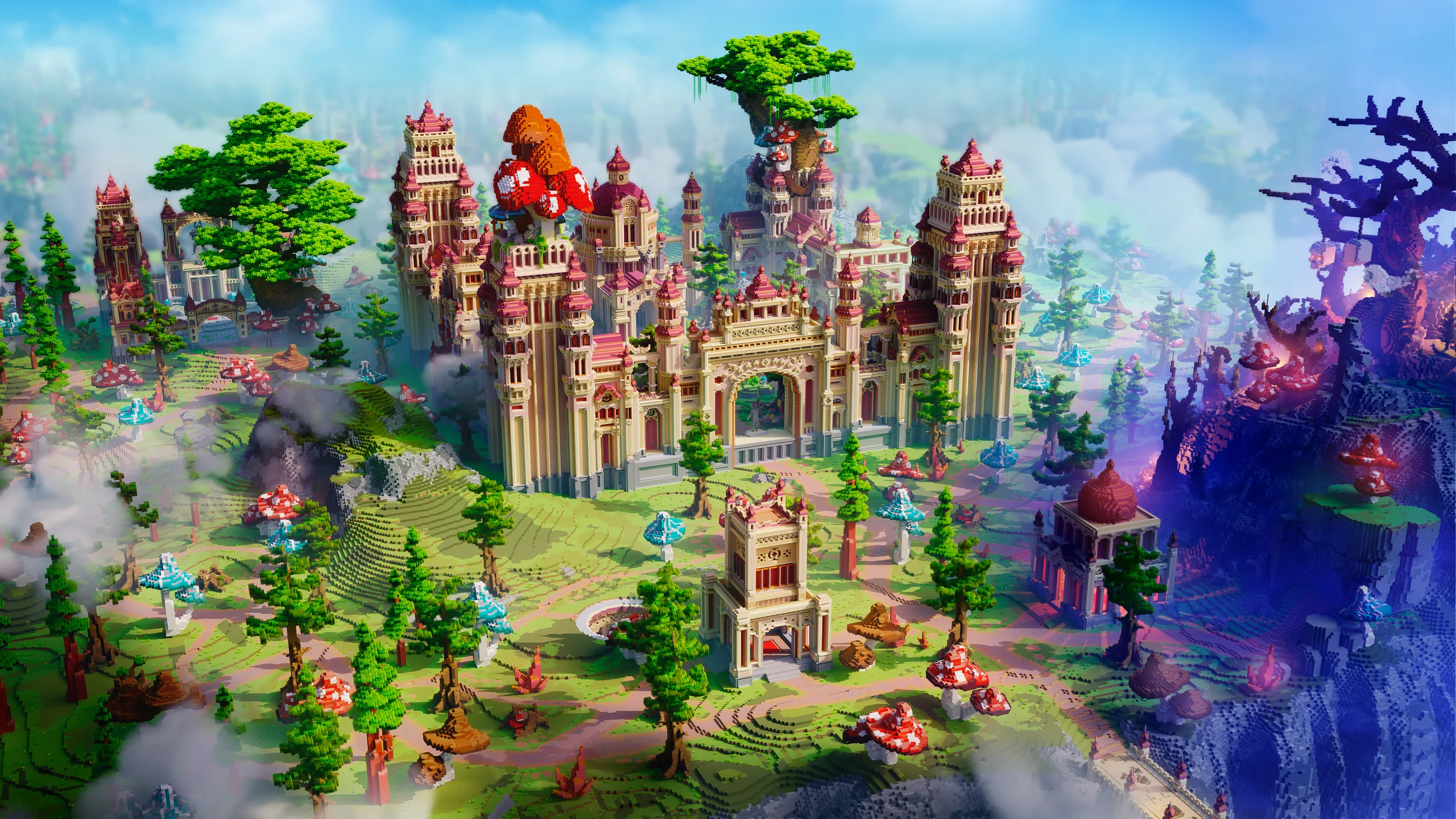 Minecraft fantasy castle with pink roofs and tall towers sits on a grassy terrace, framed by giant trees, mushrooms, and glowing purple cliffs.