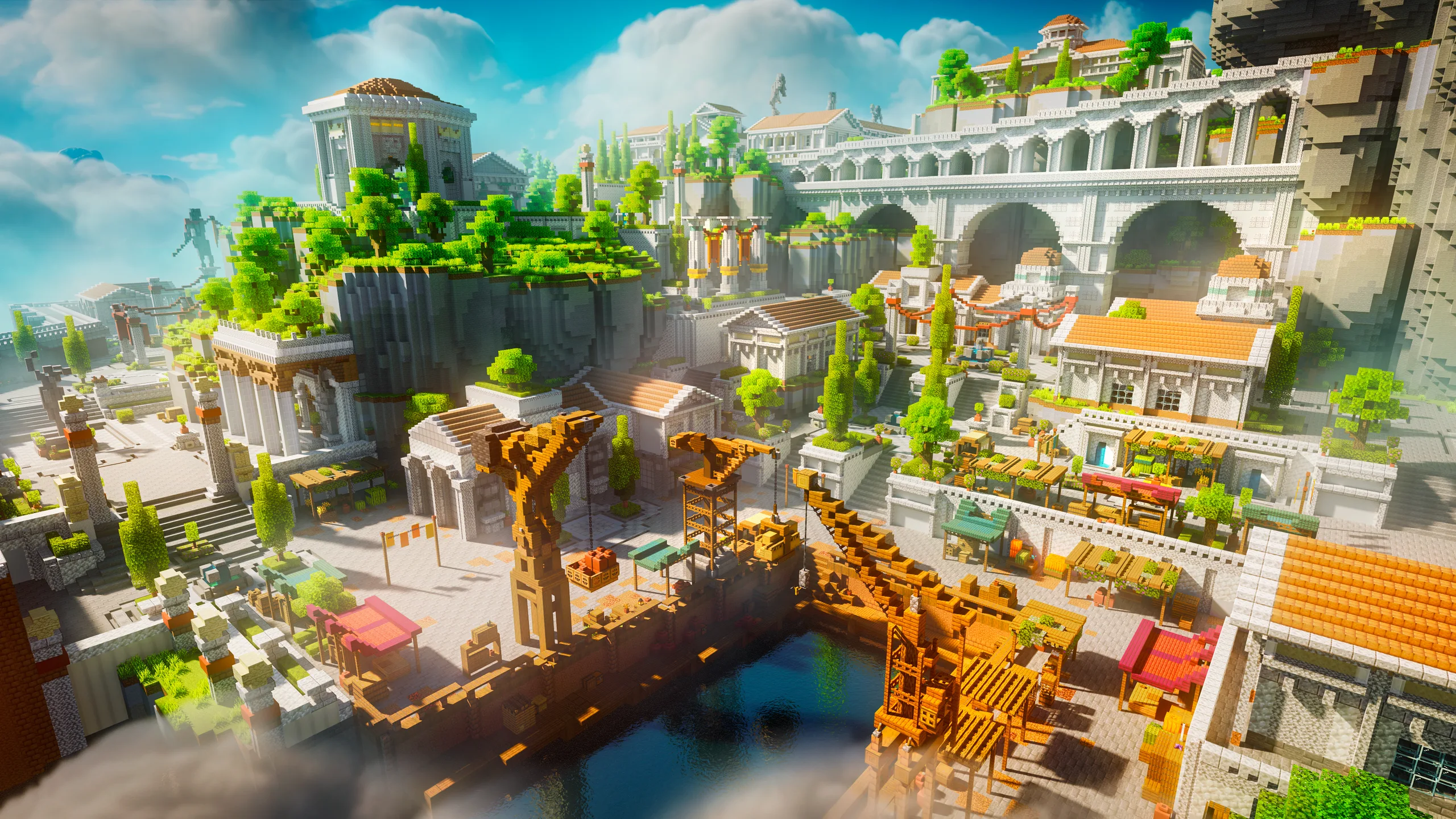 Minecraft hillside city of white stone terraces, arches, and orange roofs beside a dark harbor, with lush greenery and wooden cranes in the foreground.