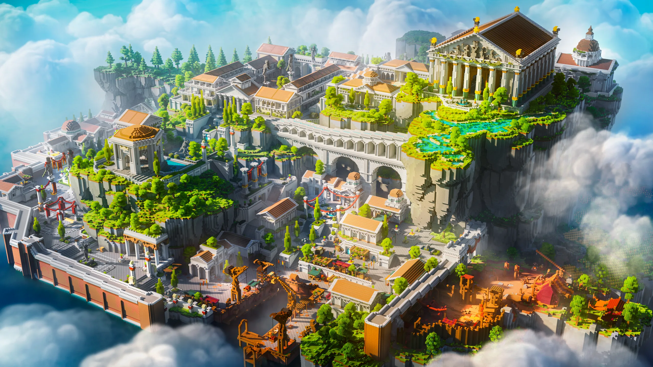 Minecraft cliff city with terraced white buildings, bridges, and a large temple-like hall on the highest plateau, surrounded by lush green trees and orange rooftops above clouds.