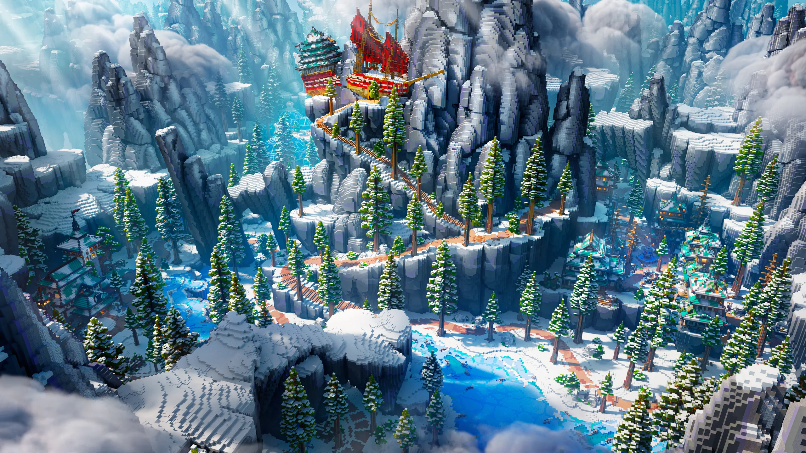 Minecraft mountain valley with a red-roofed build perched on a rocky peak, above blue frozen water, snowy cliffs, and tall pine trees. The scene is wide and layered in icy whites, deep blues, and evergreen green.