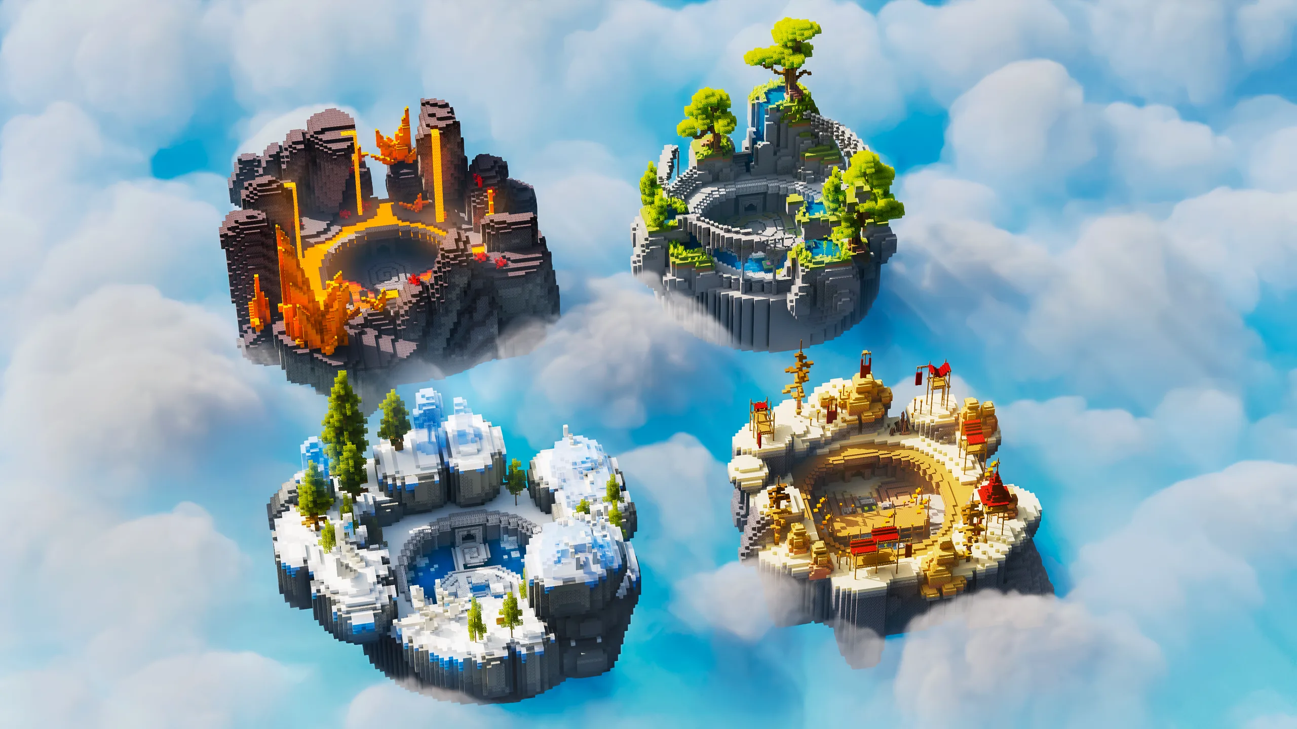 Minecraft build of four floating circular islands in the clouds: a lava-lit dark peak, a green stone ring, a snowy blue fortress, and a gold-and-red temple.