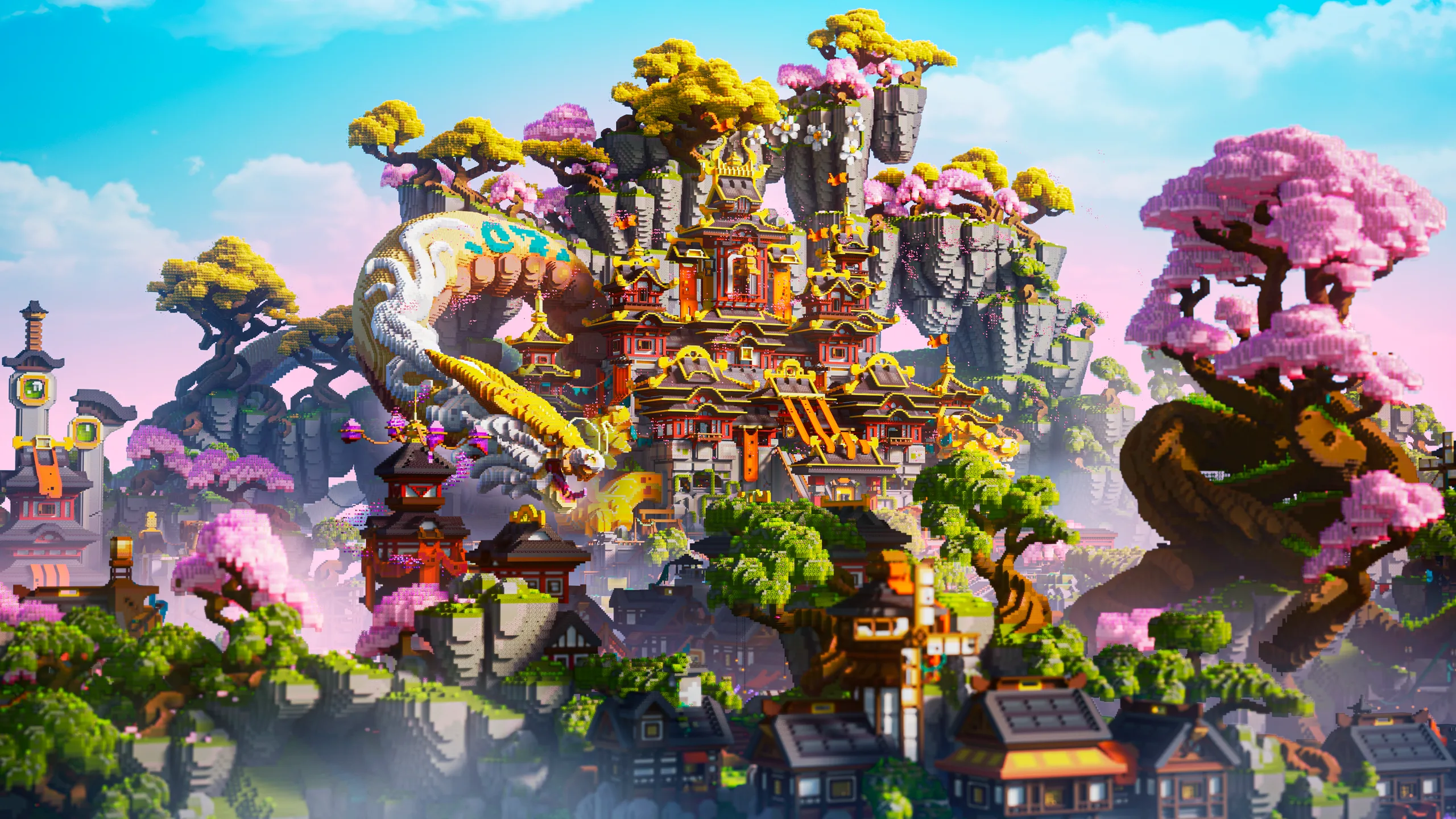 Minecraft fantasy mountain city with ornate red and gold temples, pink blossom trees, and layered cliffs above a misty valley, centered in a bright sky.