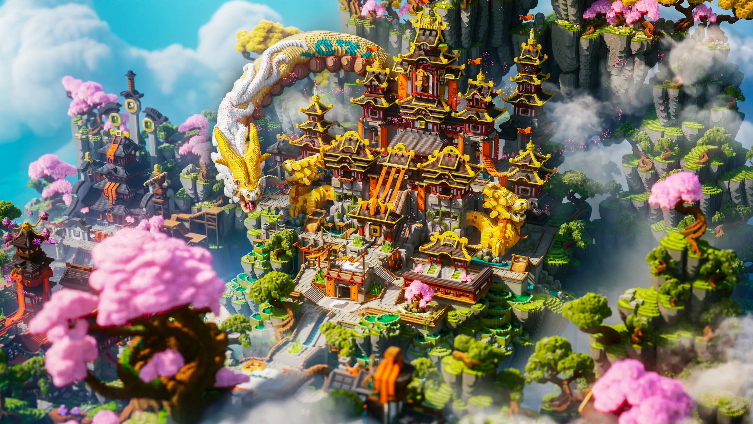 Minecraft build of a large ornate temple with tiered roofs, gold accents, and red walls rising from a rocky hillside. Pink cherry trees, clouds, and mist frame the colorful mountain landscape.