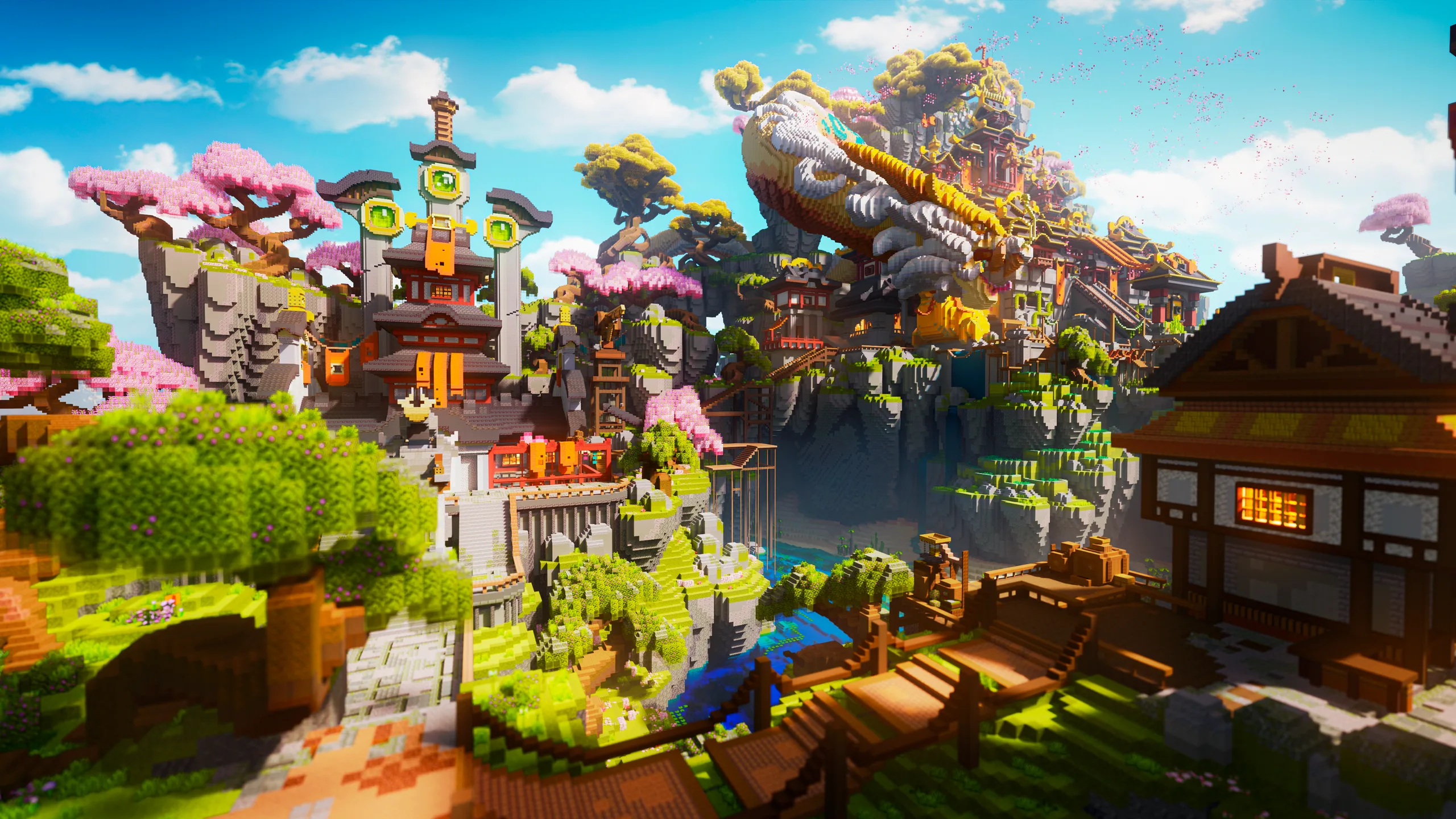 Minecraft build of a colorful cliffside village with pagoda-style towers, pink blossom trees, and layered bridges above a waterfall, framed by a dark-roofed house in the foreground.