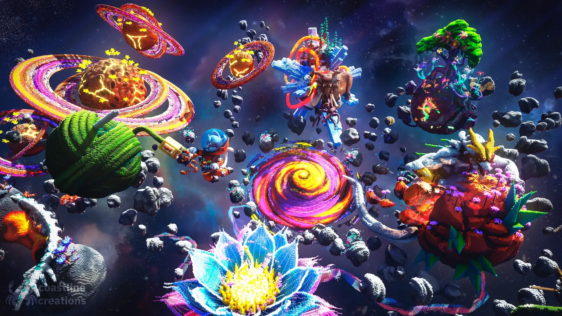 A wide view of colorful handcrafted planets floating through the Solar System map