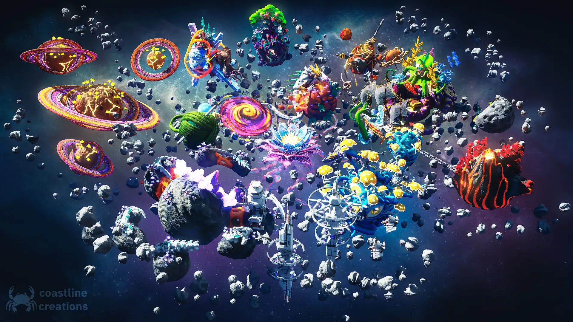 A cinematic Solar System landscape filled with luminous planets and sculpted asteroids