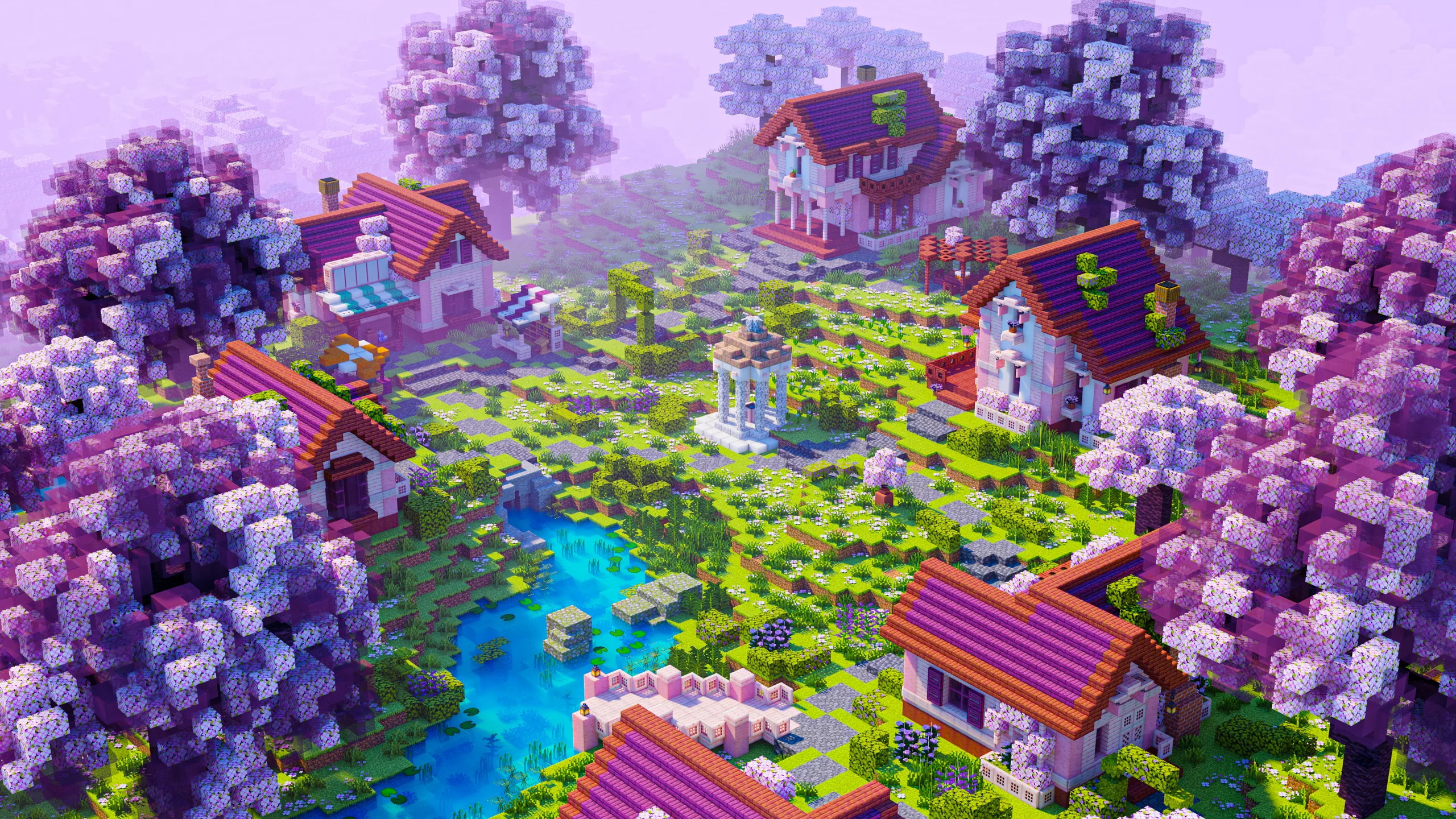 Minecraft hillside village with red-roofed houses around a bright blue stream, a small white gazebo in the center, and pink-purple blossom trees filling the green terrain.