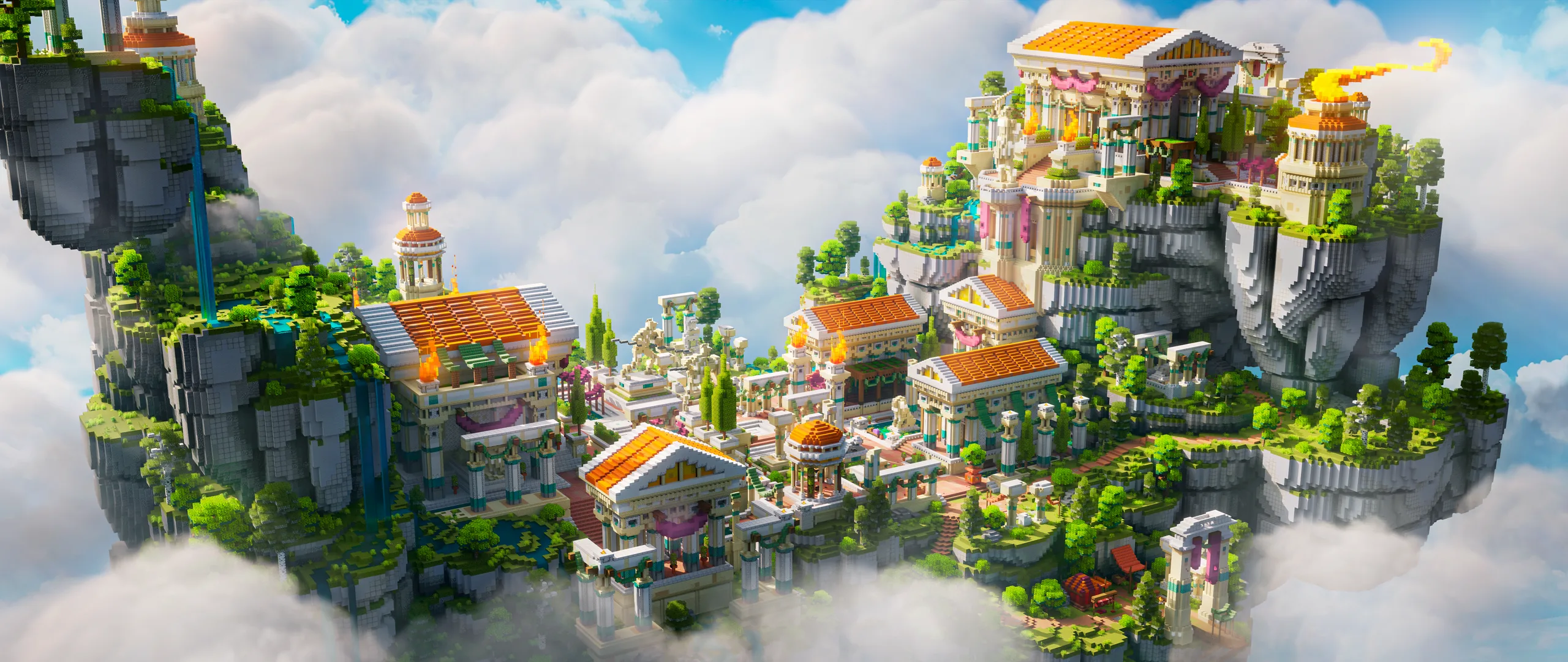 Minecraft floating cliff village with orange-roofed buildings, stone terraces, and lush greenery, set among clouds and sheer gray rock under a bright blue sky.